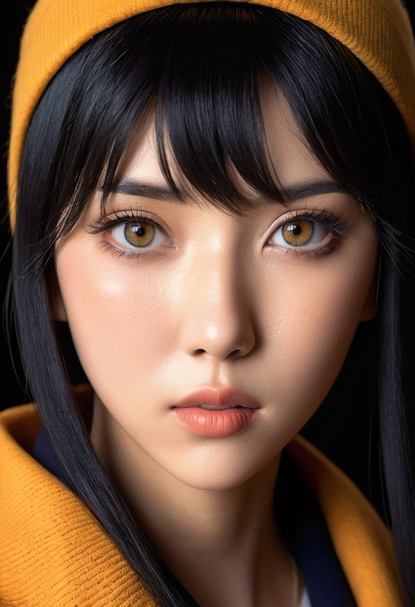 8K, best quality, 1 Girl, (Skin Indentation), night, (dark), Indoor clear background, (people), Beautiful bangs, Gorgeous,, (Clothing and:1.3),Soft lighting, attractive, dark Room, (mouth close:1.2, beautiful eyes, Delicate eyes, Detailed iris, Beautiful lips, Beautiful nose, Pretty Face),(primary color:1.5)Naruto,Hyuga Hinata