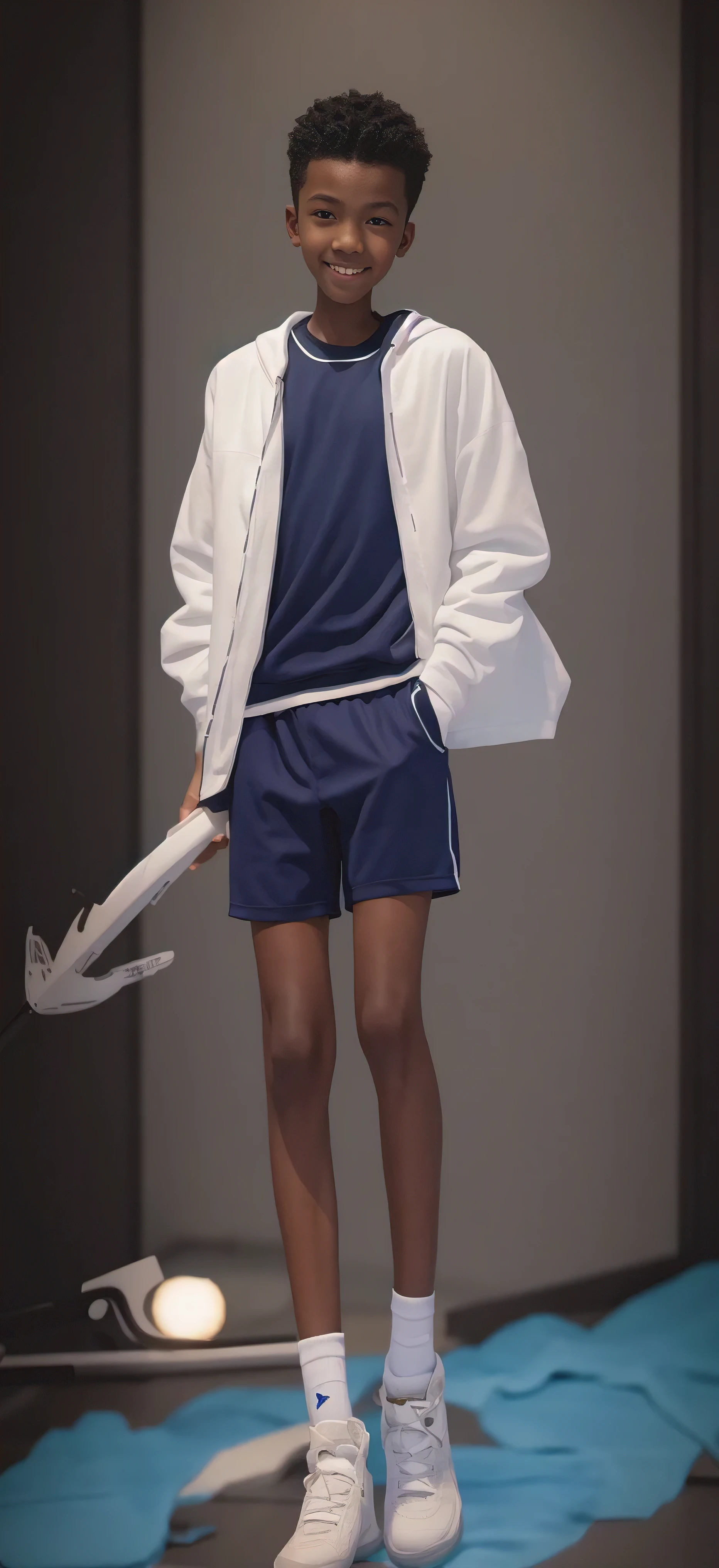 14 year old boy,(Wearing white tennis clothes,Wearing black socks),Dark skin,Big round eyes,Very short hair,Tall and skinny,Toothy Smile,Sharpen details,Blue Background,Axe in hand,HD Wallpapers