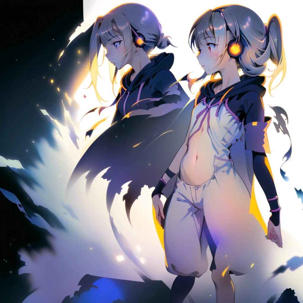 1girl,(((Highest quality、Masterpiece、Official Art、Super detailed、Anime Style、The best dynamic composition、profile、Perfect Anatomy)))、 Headphones, hoodie, Vibrant colors, neon, White background、gas mask、Face close-up、
