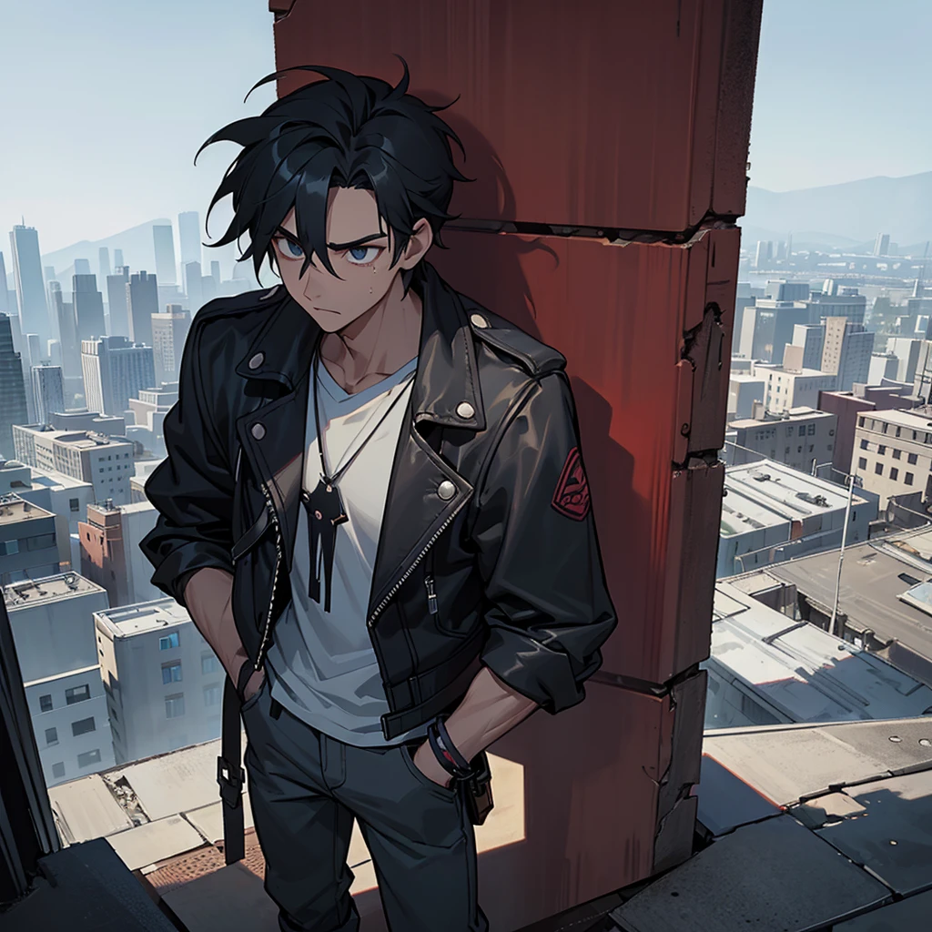 A 21-year-old young man with a slender, slightly muscular build. His hair is black and messy, falling over his forehead. He has dark, penetrating eyes with a melancholic yet sharp look. His face features a defined jawline and a slight stubble. Wearing a worn-out leather jacket or dark trench coat, a plaid shirt or plain dark T-shirt, and dark, fitted pants with patches or tears. Worn boots reflect his nomadic lifestyle. Carries a small, battered backpack, with a camera or binoculars hanging from his neck. A handmade rope bracelet on his wrist and a notebook peeking from his back pocket. Set in a post-apocalyptic desolate environment, with abandoned buildings and graffiti. A gray urban landscape with empty streets and long shadows. The scene conveys solitude and vigilance. Oscar is seated or standing on a high vantage point, such as a rooftop or hill, observing the city with a critical, solitary gaze. Realistic art style, with muted, cold colors of gray, dark blue, and earthy tones. Soft, dim lighting creates dramatic shadows, emphasizing his expression and the desolate setting.