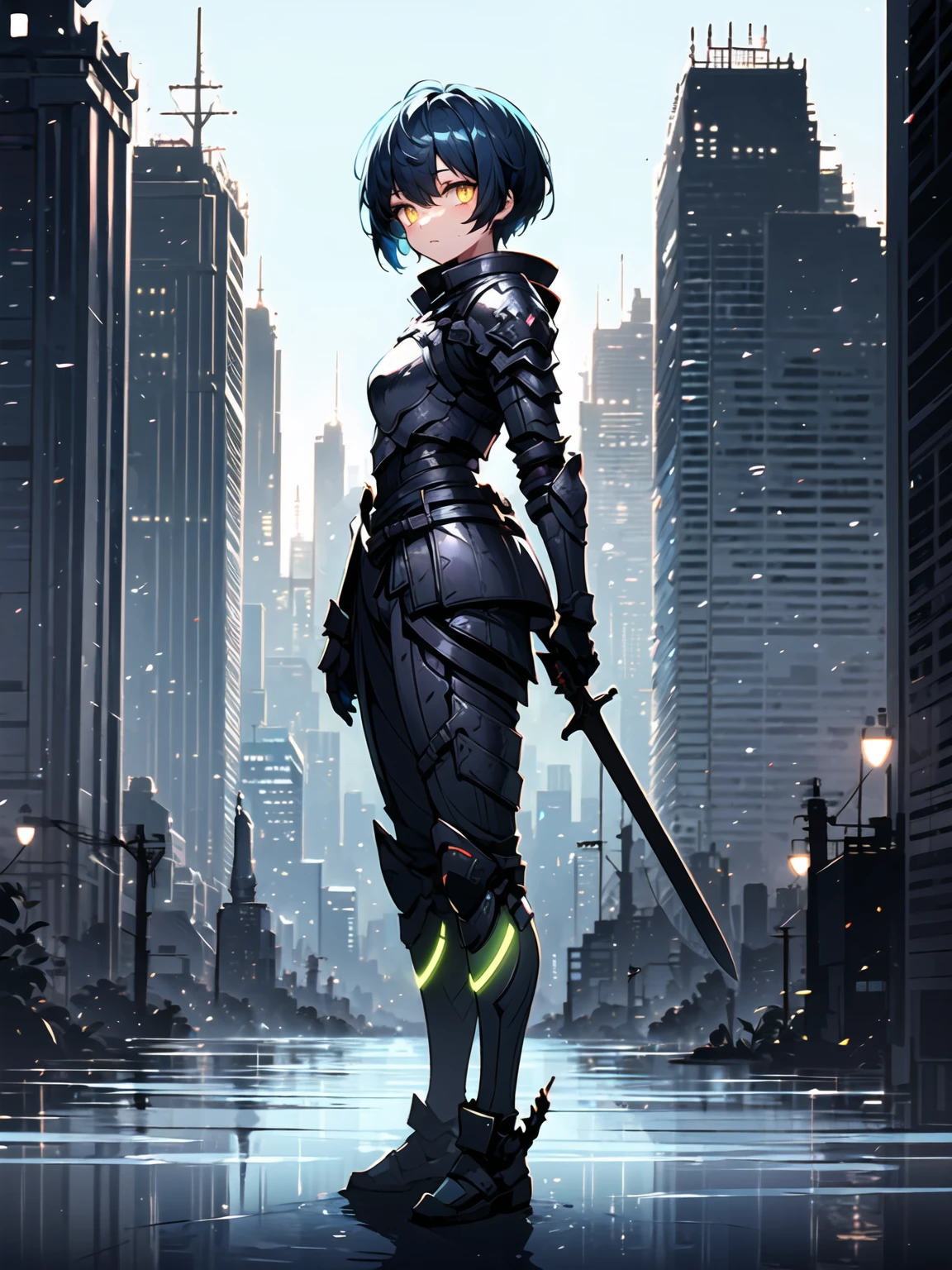 (((Masterpiece, best quality, 16k))) female character with short blue hair and glowing yellow eyes. She wears a futuristic armor in metallic silver, red, and black. wields dual energy swords. The character has a confident expression, with a high-tech cityscape as the background. ((full body front view)). ((slender)), (extremely detailed:1.5), (short blue hair:1.2), (glowing yellow eyes:1.2), (high-tech cityscape:1.1), (futuristic armor:1.3), (dual energy swords:1.3).

