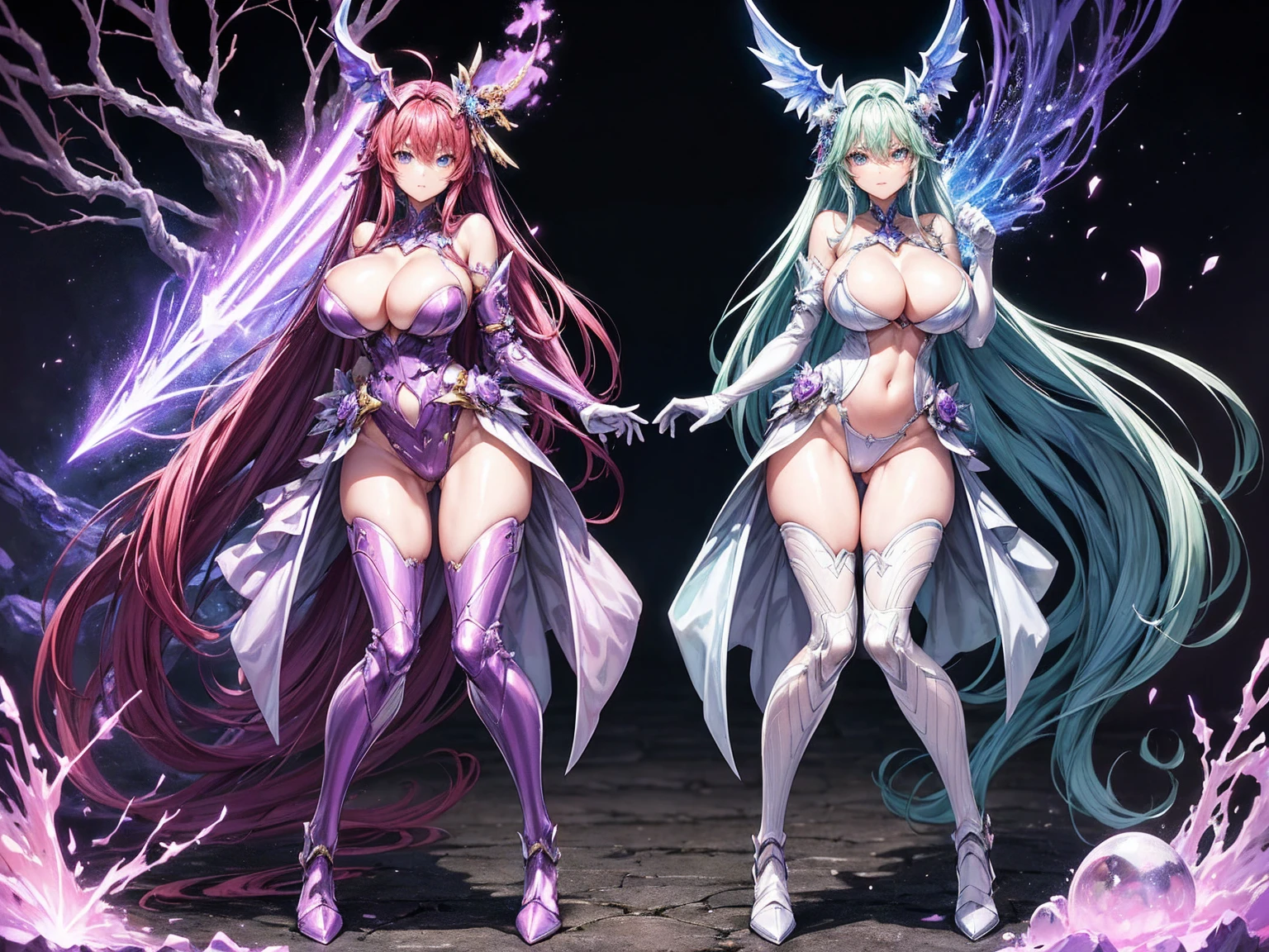 (((Highest quality)))(((Best Image)))(((anatomy)))外見は20代のwoman,Random hair color ,Random hairstyle,Wear shiny armor,Extreme costumes(((Appearance)))The shape is humanoid,Random Face(Beautiful Face),,Huge breasts,Tight waist,Wearing randomly colored armor(((Features)))Eye color is random,Personality is random,Attractive figure(((arms)))He is carrying a weapon that resembles a purple glowing object..Possess modern weapons.(((woman)))The skeleton is human-like,Huge breasts,Tight waist,fogのようなガス状のもので纏っている(((background)))Barren Land,dead tree,fog,Chaotic world(((Standing posture)))ランダムなStanding postureをしている,mysterious,lovely,Highest quality((Full Body Shot))