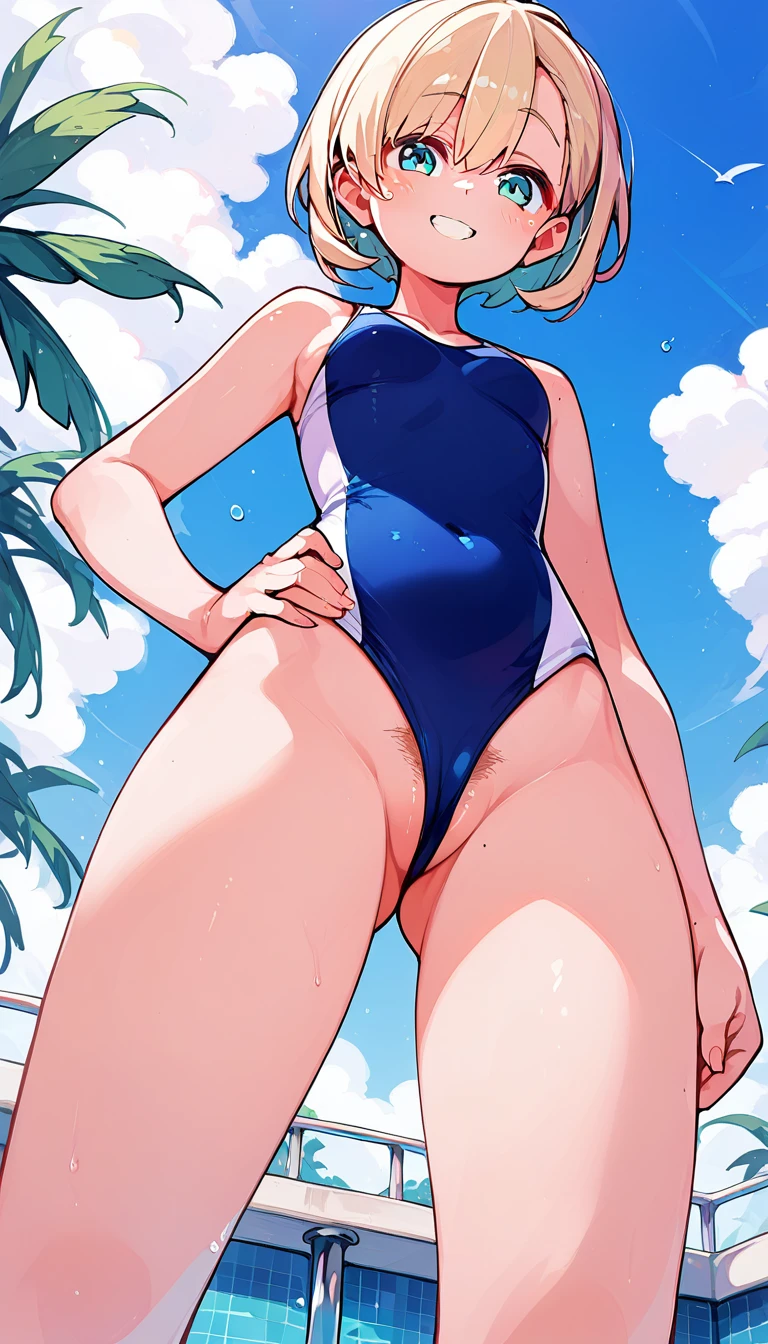 beauty smile blush High leg competitive swimsuit tits Female organ 濃いPubic hair sticking out Pubic hair sticking out Half naked Underarm Proudly Hands on hips Indoor swimming pool Shooting from below