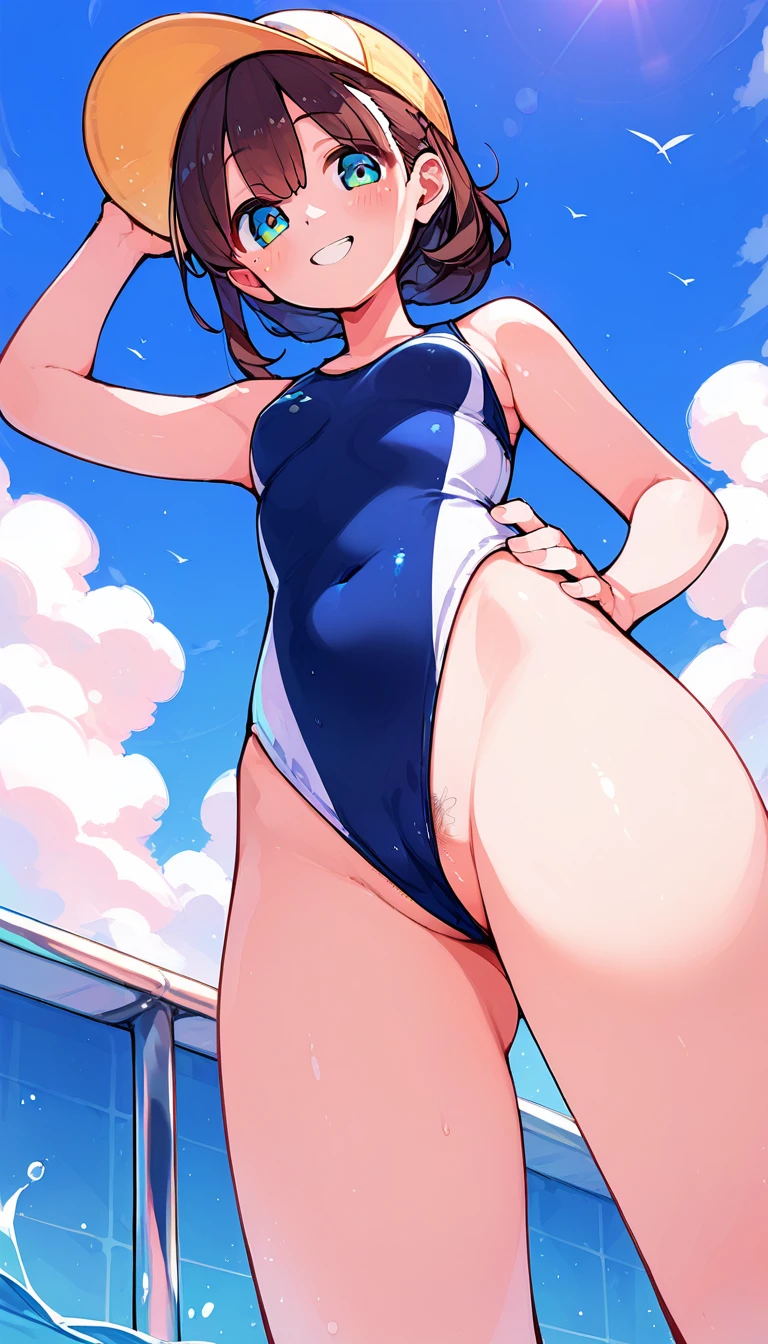 beauty smile blush High leg competitive swimsuit tits Female organ 濃いPubic hair sticking out Pubic hair sticking out Half naked Underarm Proudly Hands on hips Indoor swimming pool Shooting from below
