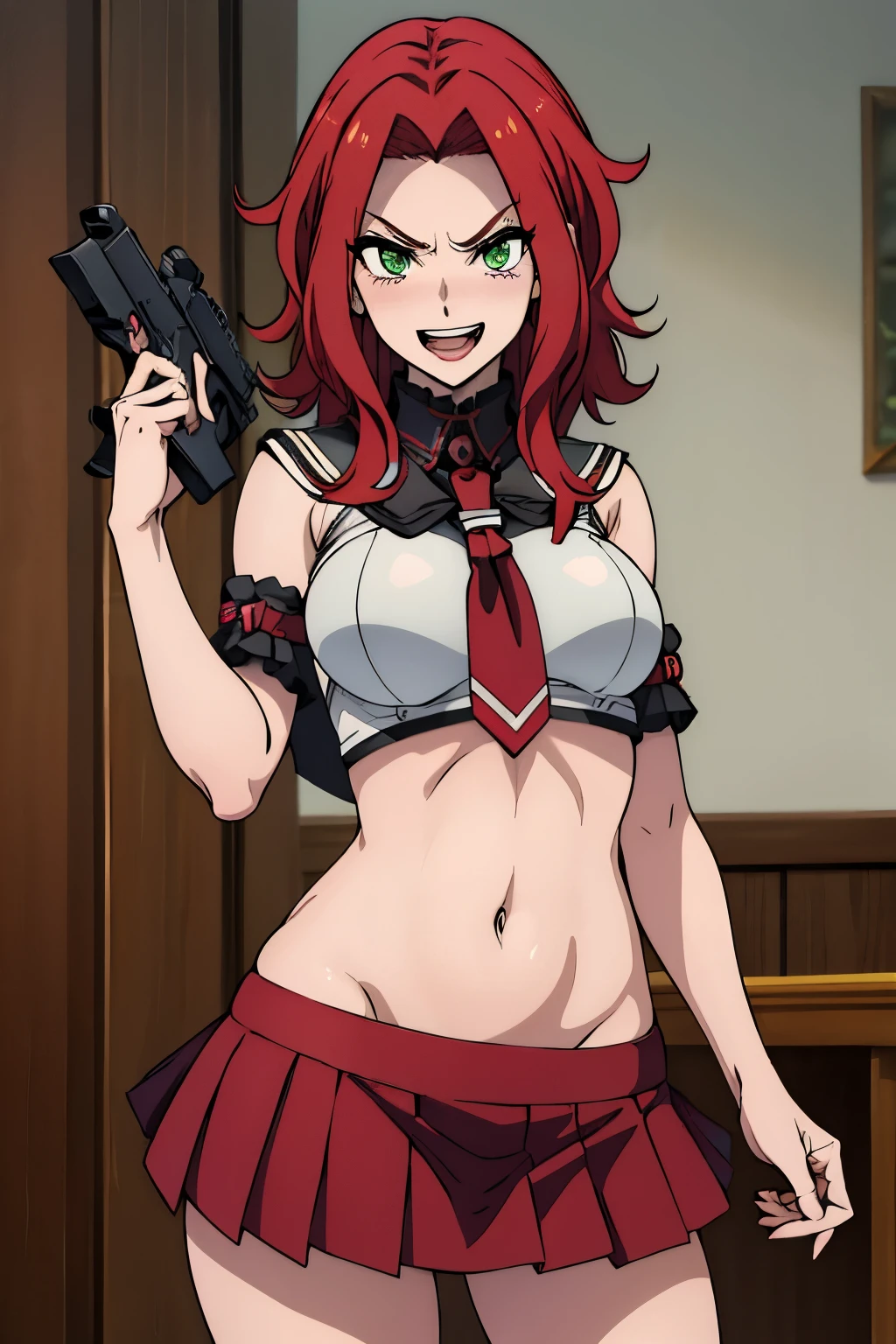 bitch medium breasts, red hair, beautiful face, green eyes, evil smile, blush, lipstick, evil smile,  mature female, Hot girl, baddie, staring, glaring, bad attitude, mean girl, dare, angry, hate, crazy, smoking, sensual, attractive, masterpiece, best quality, highly detailed, a anime girls in sailor uniforms with a gun posing for a picture,
evil smile, smile, open mouth,black_serafuku, ecchi anime style, anime girls , (nsfw) not safe for work,
ecchi style, ecchi, shipgirls, digital anime art!!, high school girls, holding a gun, hold a gun, anime style 4
k, micro skirt, exposed belly, exposed navel, exposed midriff, holding pistol,underboob,
exposed lower belly,school, classroom