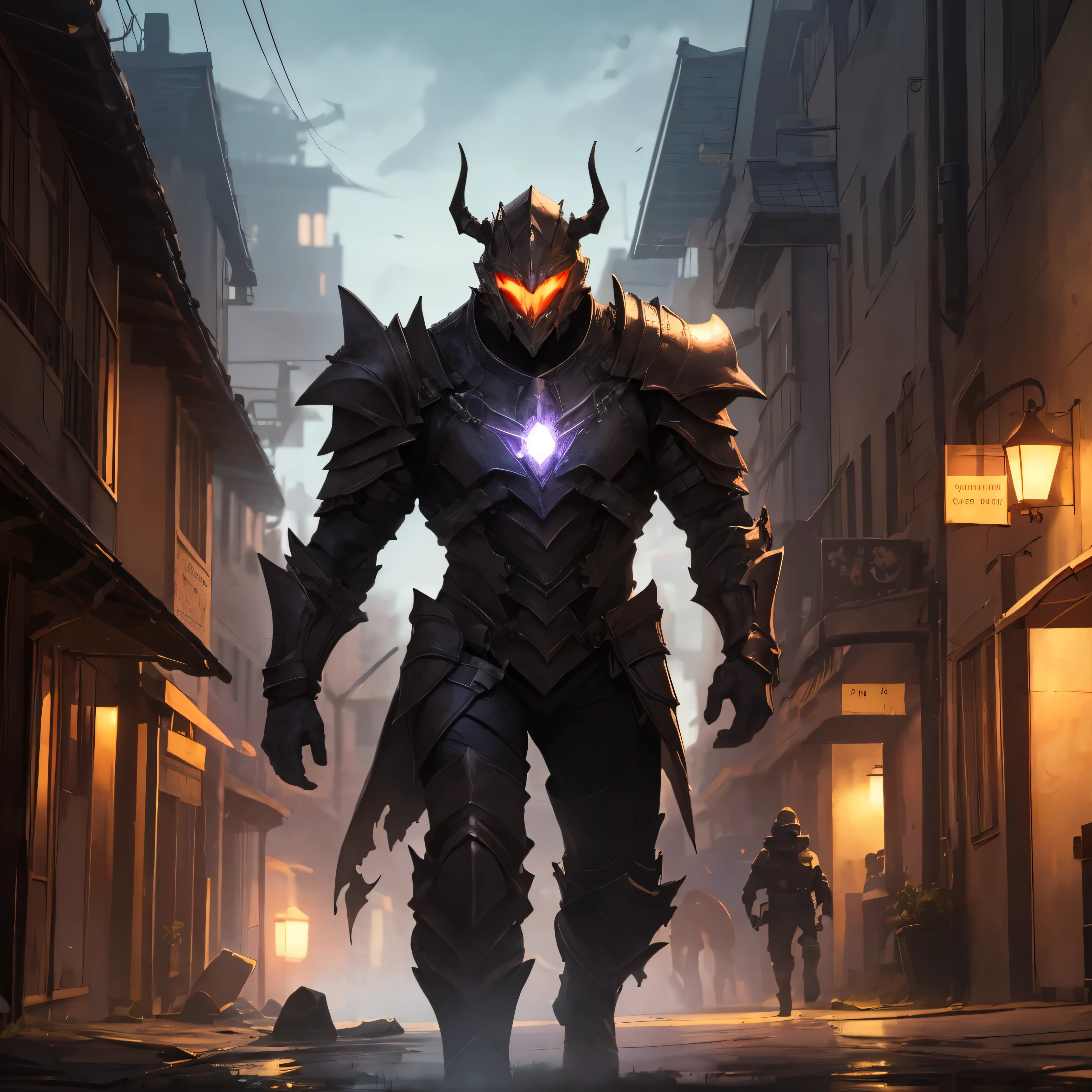 monster, armor, helmet with horns, purple light glowing, outdoors, village, walking
