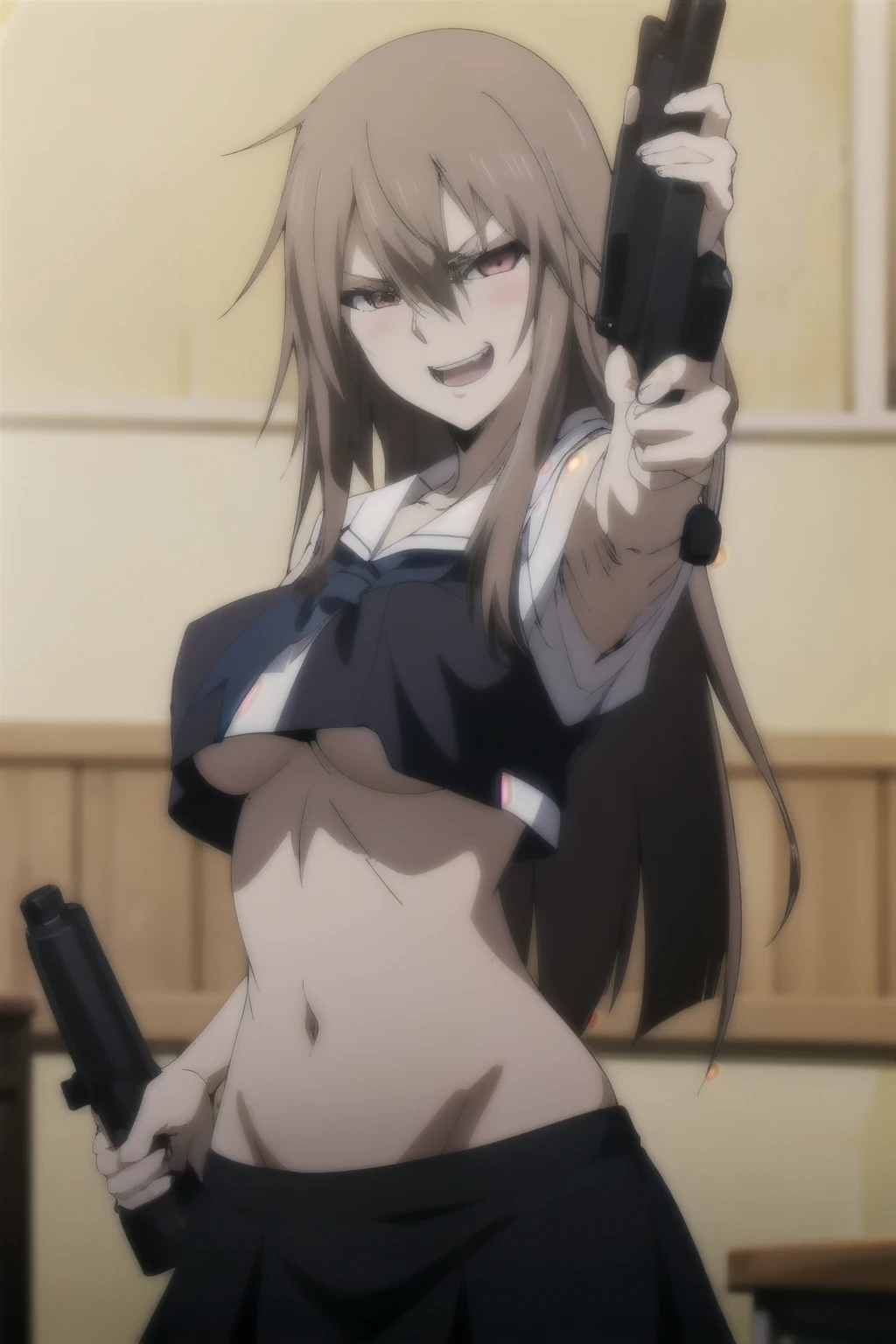 Chinatsu,1girl,long hair,blush, lipstick, evil smile,
Hot girl, baddie, staring, glaring, bad attitude, mean girl, dare, angry, hate, crazy, smoking, sensual, attractive, masterpiece, best quality, highly detailed, a anime girls in sailor uniforms with a gun posing for a picture, evil smile, smile, open mouth,black_serafuku, ecchi anime style, anime girls , (nsfw) not safe for work, ecchi style, ecchi, shipgirls, digital anime art!!, high school girls, holding a gun, hold a gun, anime style 4 k, micro skirt, exposed belly, exposed navel, exposed midriff, holding pistol,underboob, exposed lower belly,school, classroom