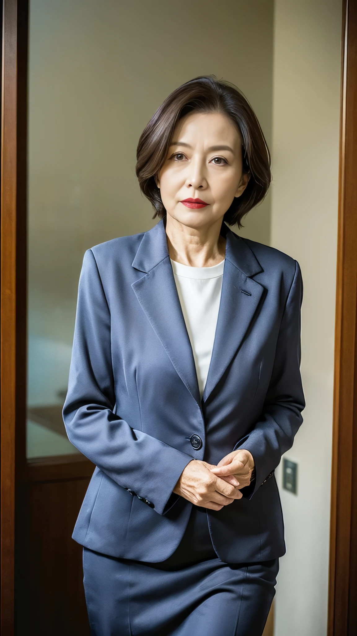 masterpiece, ((Depth of written boundary)), 32K, Beautiful finish, Medium Shot, Beautiful mature woman, 65-year-old woman, Photo of your ID, Business Person, director, View from the front, A disdainful look, Cool look, Red lips, Thin lips, suit, Light from the front,