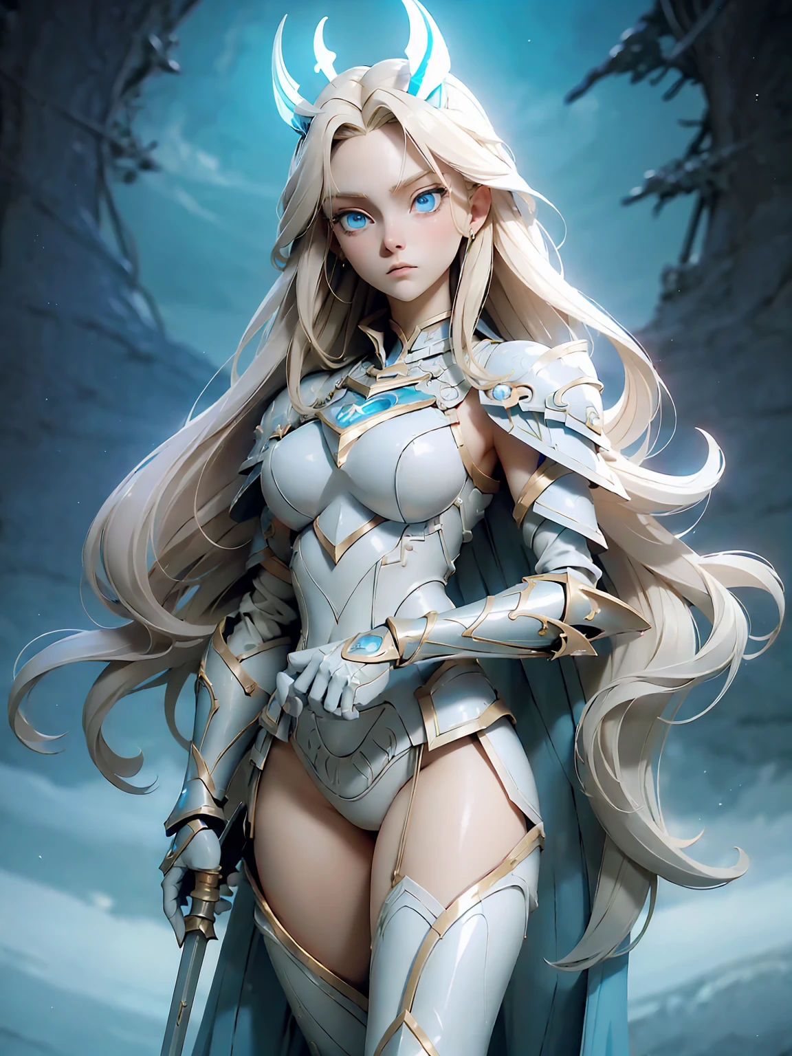 (((Masterpiece, best quality, 16k))) female character with long blonde hair and bright blue eyes. She wears a celestial armor in white, gold, and blue. wields a divine spear. The character has a determined expression, with a heavenly realm as the background. ((full body front view)). ((slender)), (extremely detailed:1.5), (long blonde hair:1.2), (bright blue eyes:1.2), (heavenly realm:1.1), (celestial armor:1.3), (divine spear:1.3).
