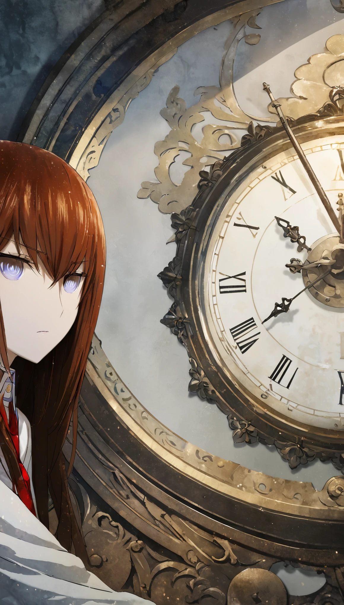 One girl, makise kurisu, Stein;Gate,(Landscape Photography, With the woman in the bottom right of the photo:1.5, A white room with many clocks:1.5, Official art using high quality hand-drawn watercolor sketch techniques), masterpiece, Highest quality, (Highly detailed CG Unity 8k wallpaper), (Highest quality), High resolution RAW color art, animation,Sculpture, (Black marble skin), (((Highly detailed elegant))), Magical atmosphere, Detailed skin, texture,(Exquisitely crafted, The finer details, Ultra-detailed art), Depth of written boundary, Bokeh, Silky to the touch, Hyper Detail, Beautiful Eyes, Elegant face, Sparkly Background, pure white, logic, Embarrassed face, Dramatic Light,