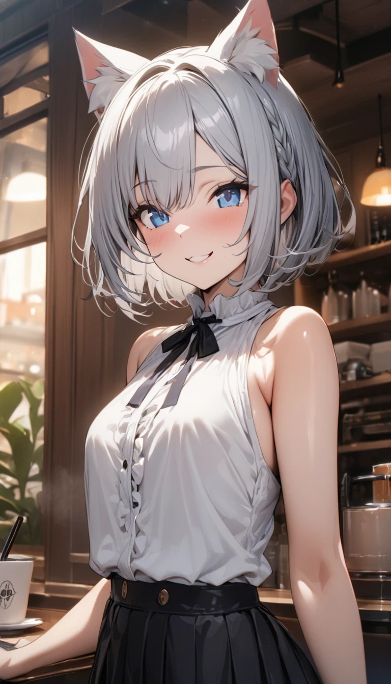 silver bob hair, 1 girl, (((best quality)), ((masterpiece)), (details), masterpiece, best quality, high quality, super detailed, perfect face, ((1 girl, Blue eyes, Cat ears: 1.3 silver bob: 2.5,)),Shiny Hair、Shiny skin、smile、Alluring expression、Lustful、Sleeveless frilled shirt、Black Ribbon、Black pleated skirt、sunny、Cafe