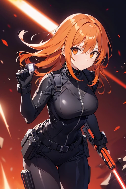 A beautiful woman with straight orange hair who is dressed in a tight black leather-covered combat suit and with 2 laser weapons. 