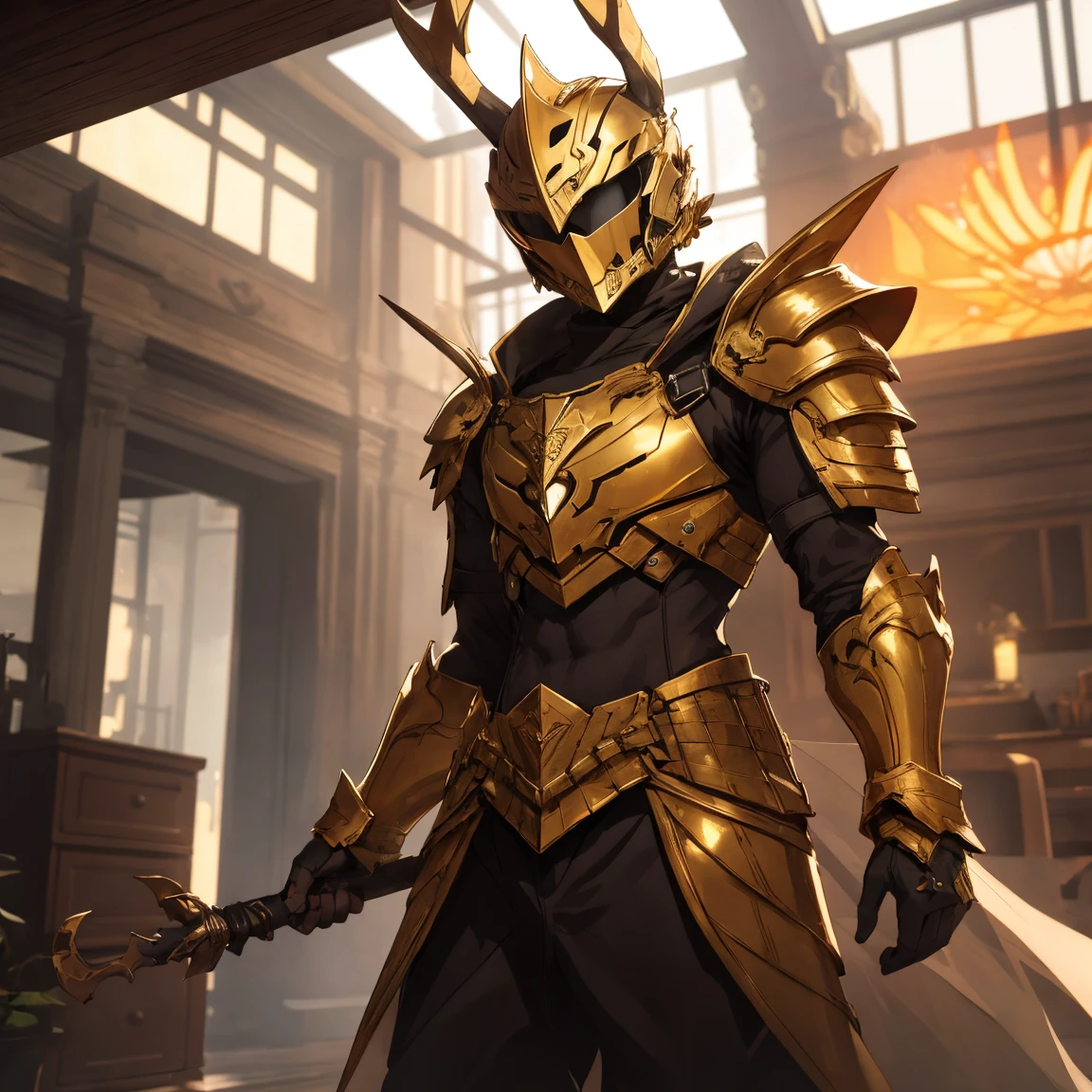 female, golden armor, helmet with horns, orange glowing, indoors, living room, crimson room
