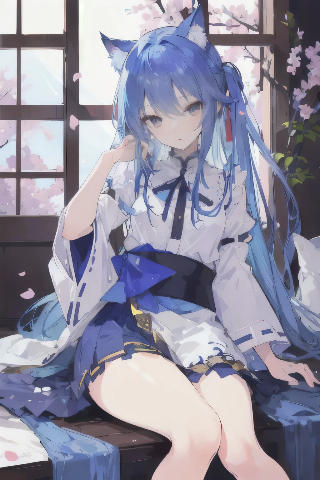(Masterpiece:1.2),Ultra-detailed,lifelike,The eyes are expressive,Fair skin,Perfect face shape,1 girl,Japanese Manga,Gorgeous blue hair,Flowing blue hair,Flowing clothes,Cat ears,Petals falling,Shy face,sitting on window,Place your hand on your lips.