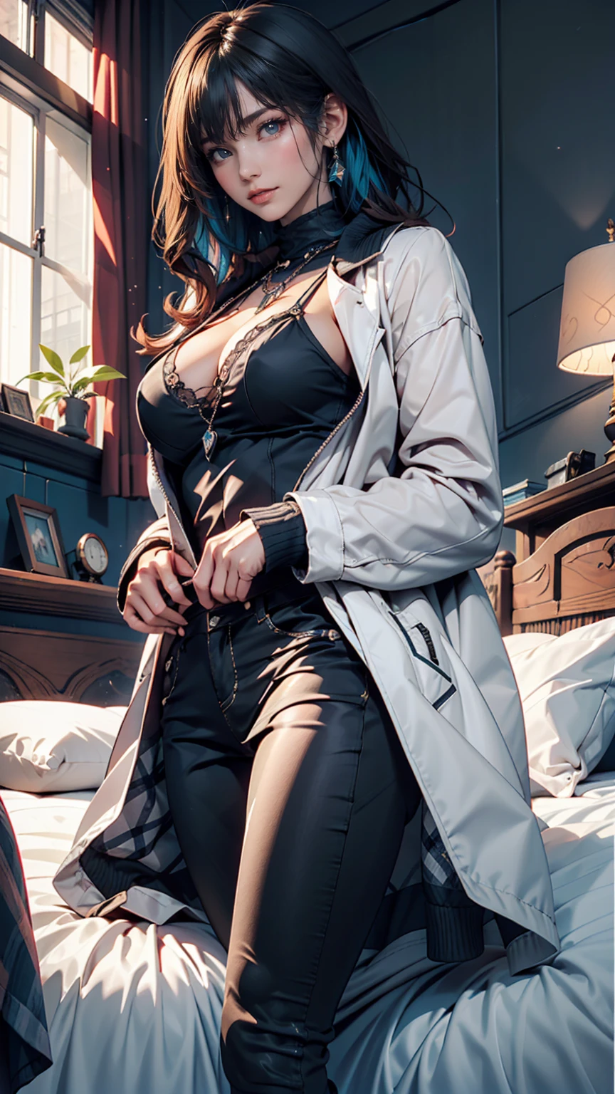 (Pixel art: 1.2), Beautiful Gothic Woman, Sexy Goth Girl, Designer sweatshirt coat with logo, pants, Short black hair with blue tips, Bedroom, Lying in bed, (Isaac Quek: 0.8) [By Ilya Kuvshinov: 0.65]