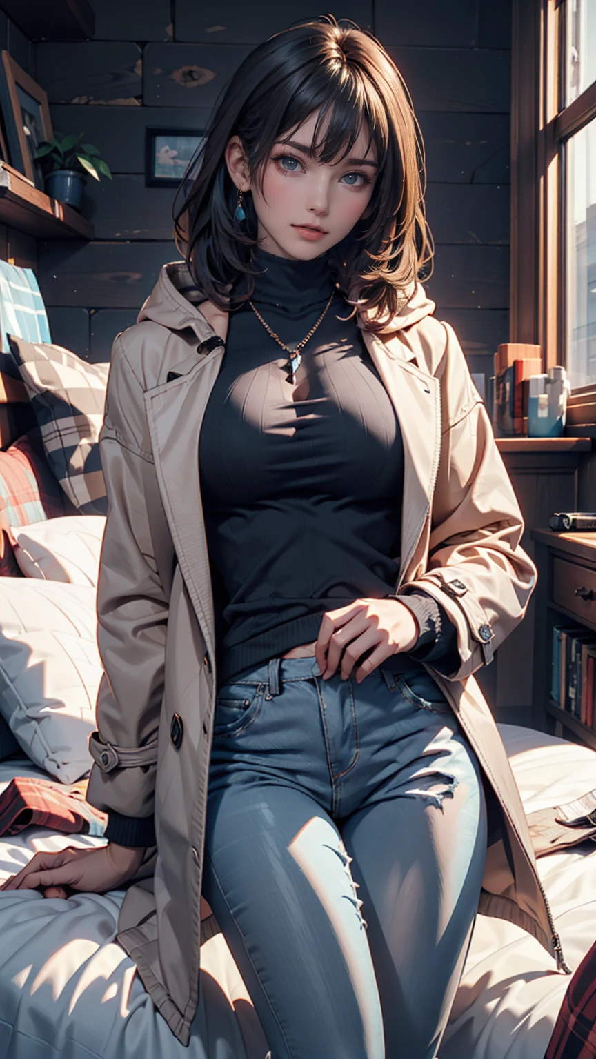 (Pixel art: 1.2), Beautiful Gothic Woman, Sexy Goth Girl, Designer sweatshirt coat with logo, pants, Short black hair with blue tips, Bedroom, Lying in bed, (Isaac Quek: 0.8) [By Ilya Kuvshinov: 0.65]