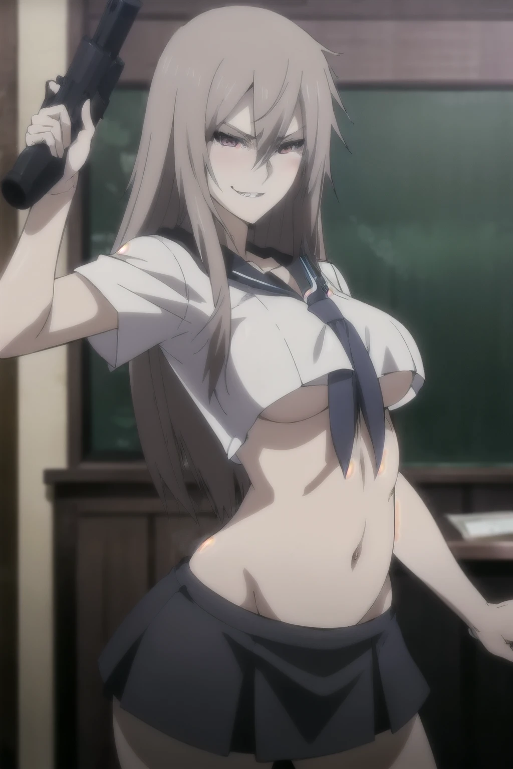Chinatsu,1girl,long hair,blush, lipstick, evil smile,
Hot girl, baddie, staring, glaring, bad attitude, mean girl, dare, angry, hate, crazy, smoking, sensual, attractive, masterpiece, best quality, highly detailed, a anime girls in sailor uniforms with a gun posing for a picture, evil smile, smile,,black_serafuku, ecchi anime style, anime girls , (nsfw) not safe for work, ecchi style, ecchi, shipgirls, digital anime art!!, high school girls, holding a gun, hold a gun, anime style 4 k, micro skirt, exposed belly, exposed navel, exposed midriff, holding pistol,underboob, exposed lower belly,school, classroom