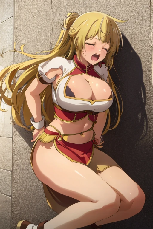 masterpiece, best quality, beautiful art, high resolution, well formed hands, body and fingers, 1 woman, solo, Rit , grown up, arabian belly dancer, adult, large and round breasted, cleavage, hair ribbon, full body,  and skimpy arabian belly dancer outfit , gorgeous legs and thighs ,ryona , in peril, she is being beaten up by her opponent, she is knocked down and she is slapped in the face , she is pushed ,  being humiliated by her opponent, receiving the impact of her opponent's attacks, closed eyes, screaming in pain and agony, heroine in peril, ryona and perilous scene, bouncing , weak and helpless, martial arts tournament on the beach                                                                     