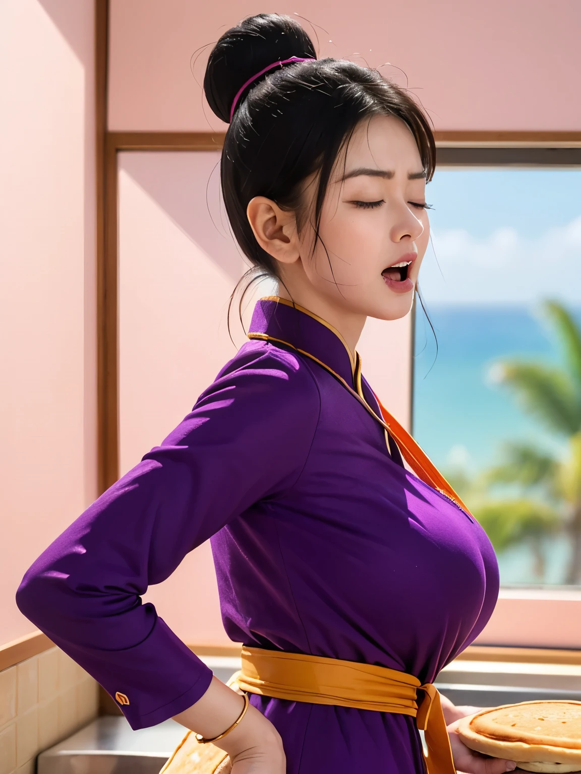 (masterpiece, best quality:1.2), 1girl, solo, professional lightings, cinematic lightings, 8k wallpaper, ultra realistic portrait of chichi, dragonball, chichi_dbz, long sleeve pink shirt, ((apron, dark purple Chinese dress, orange scarf)), bangle, bracelet), bare foots, detailed face, detailed eyes, highres, detailed skin texture, (ultra slim waist, perfect slim body style), black hair, (dango hair:1.15, parted long bangs:1.15), big eyes, double eyelids, ((((ultra huge breasts, ultra huge tits, ultra huge boob, ultra huge cleavages)))), ultra realistic mature older face, ultra detailed mature older face, realistic wrinkles on face and eyes, detailed wrinkles on face and eyes, ((ultra realistic modern kitchen room, ultra detailed modern kitchen space)), (view palms tree via window:1.1, ocean, palm tree and beach view via window:1.25, wooden floor, pink painted walls:1.1), ((((ultra realistic cooking pancakes scene, ultra detailed cooking pancakes scene)))), in extremely tiny island, view her from back, behind angle, stick out your hips to viewer, stick out your ass to viewer, ultra realistic yawn and closed eyes face, ultra detailed yawn and closed eyes face, ultra realistic cry in pain face, ultra detailed cry in pain face,

