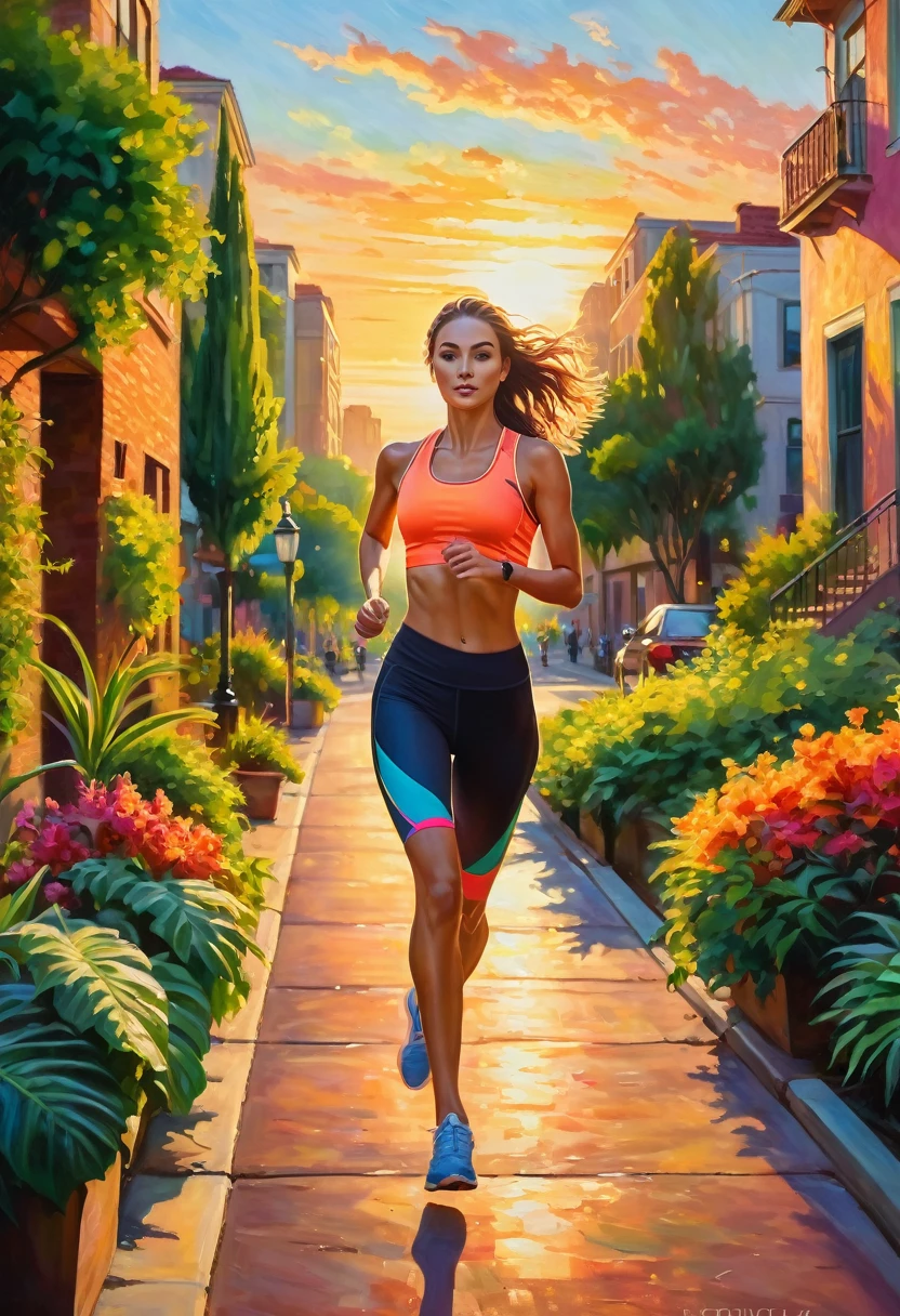 A mesmerizing oil painting captures a beautiful woman jogging along a bustling garden street during a stunning sunset. She is dressed in a sleek and form-fitting athletic outfit, her skin glistening with sweat as it highlights her toned physique. The background showcases vibrant hues of the setting sun, casting a warm glow on the lush foliage and surrounding buildings. The woman is the center of attention, with passersby admiring her effortless grace and allure.