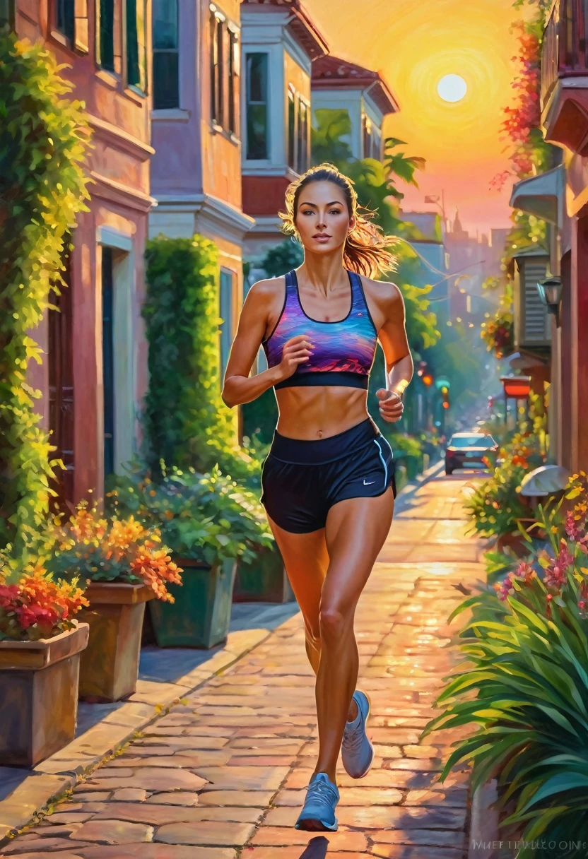 A mesmerizing oil painting captures a beautiful woman jogging along a bustling garden street during a stunning sunset. She is dressed in a sleek and form-fitting athletic outfit, her skin glistening with sweat as it highlights her toned physique. The background showcases vibrant hues of the setting sun, casting a warm glow on the lush foliage and surrounding buildings. The woman is the center of attention, with passersby admiring her effortless grace and allure.
