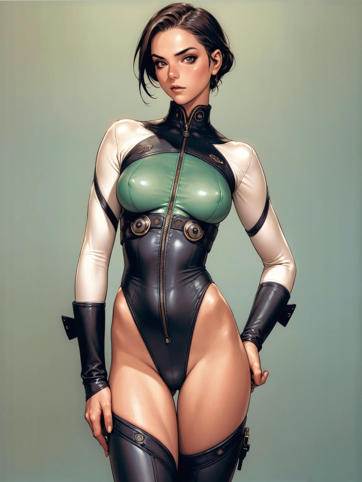 (((Annie Lennox))), ((( Airfighter pilot suit ))), (((Bandaged body))), ((high collar)), (((dark bluish green))), (((best qualityer: 1.4))), (Unbeatable masterpiece), (hiper HD),(CG 8k hyper-realistic), (((brave face))), (((breasts big))), (((hyper feminine))), sexly girl, Tron,（black bob hair)), ((( sculptural body ))), (((1 Kizi))), Kizi cibernética de 25 anos com perfectbody,,Beautiful and well-groomed face,muscular body:1.2,solid color detailed jacket, (Head to thigh photos)， Complex equipment, green dark，Long pants，Tight clothes are dark，With white stars and off-white stripes,,,,,Armor Metal Electronic Parts, Poison tattoos ) INFO, Kizi, (((standing alone))), pirralha violent, (((14歳))), sexly, pose de atitude, work of art, post-apocalypse, (((manga style))), bounty hunter, violent, Manic, the way you want, slenderbody, thin but strong, perfectbody, roupa moderna, advanced technology, neon, sleeves with vertical striped pattern, neutral background, (( cowboy shot )). intricate visual