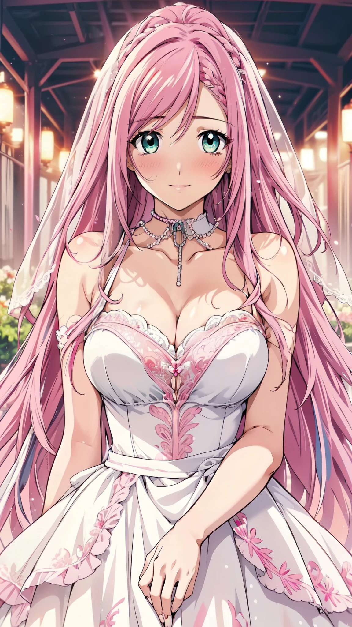 (masterpiece, best quality, beautiful and aesthetic:1.3), 1woman, mature woman,solo, light smile, (Silver pink hair streaked red:1.4), (Gradient pink hair ends:1.6), hair strand, absurdly long hair, single sidelock, wavy hair, shiny hair, floating hair, (deep green eyes), delicate eyes, aqua eyes, super high detailed eyes, long upper eyelashes, makeup, Focus on face, Very detailed facial, Pretty Face, Perfect breasts, hot body, (Delicate skin texture:1.2), bridal veil, lace-trimmed dress, see-through, wedding dress, outdoors, white roses, garden, morning, standing, extreme detailed, light smile