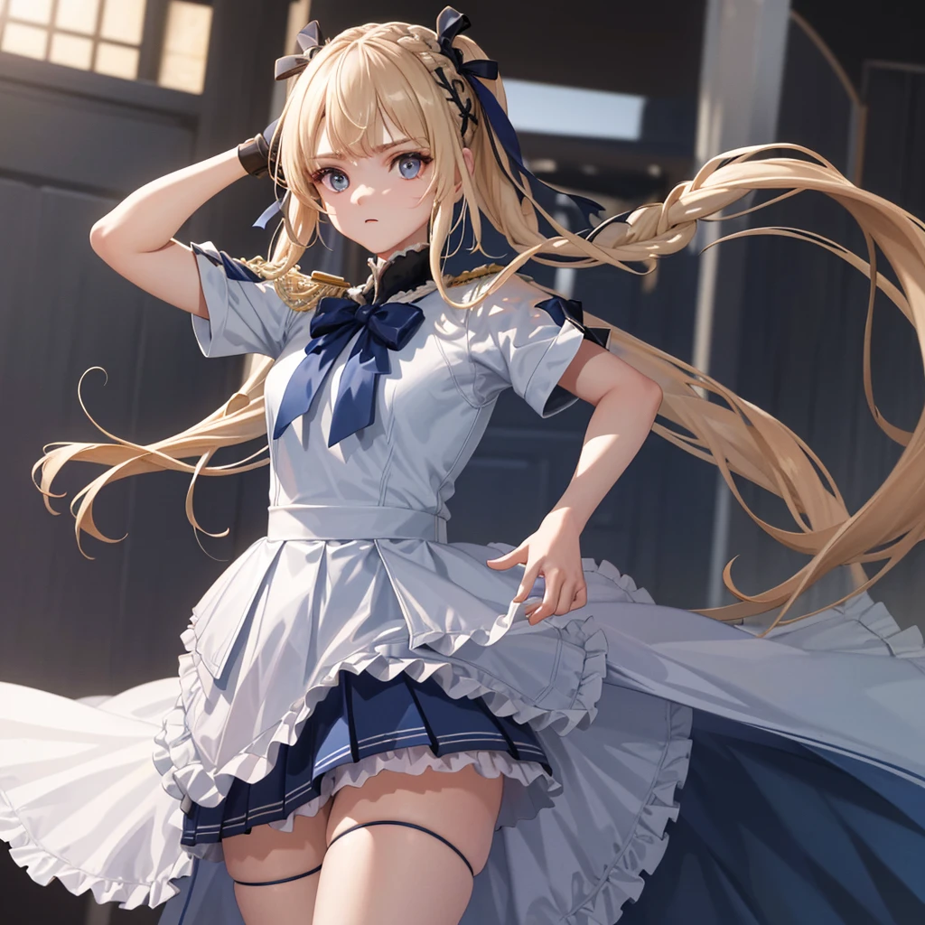 (Extremely detailed CG:1.2), (masterpiece:1.2), (best quality:1.2),,((absurd)),Looking at the audience,whole body, ,(1 Girl),Solitary,(Long hair),(Mataiyong uniform),(White short sleeve shirt),(navy_Blue pleated skirt),(Long skirt),Dynamic Angle,permanent,Dynamic poses,((Exquisite facial features)),,