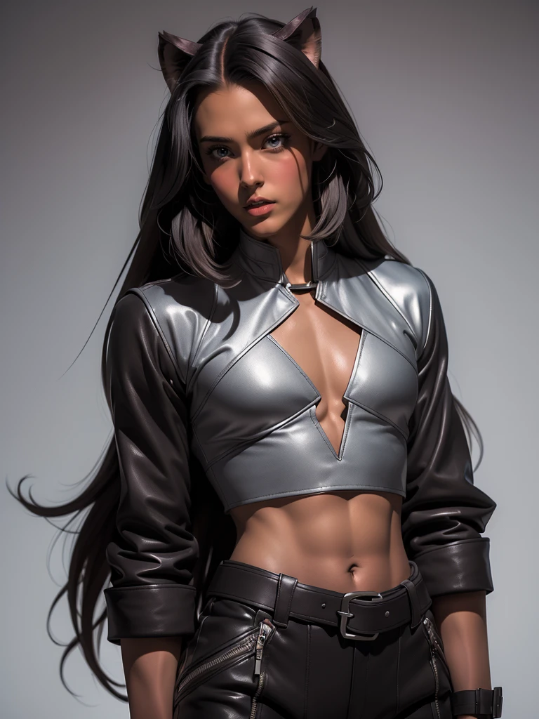 ((Beautiful man:1)) , ((dark skin:1)), ((extremely long hair:1.5)) , ((black hair:1.3)) , ((male features:1.2)), (((male:1))) , full lips , light blue eyes, ((Skinny build)) ,effeminate , ((has a center part in hair:1.2)),((straight hair:1.3)) , ((crop top:1.5)), Bishounen, possess delicate and androgynous features , as a male , small waist, thin  , ((femboi:1.3)), ((femboy:1.3)), ((big lips:1.3)) ((blowout hairstyle:1)) , ((sleek hair:1)), ((has a middle part in hair:1.4)), (((male:1))) , ((panther ears, panther ears on head:1.2)), ((flat chest:1.3)), ((male chest:1.8)),

Wearing an outfit with futuristic elements, seamlessly blended with the Final Fantasy universe. wears a tailored, military-inspired jacket in deep charcoal, adorned with intricate, laser-cut leather panels that reveal glimpses of metallic silver underneath. The jacket features sharp, angular lines and exaggerated lapels, Underneath, he sports a form-fitting, high-necked bodysuit in a deep shade of amethyst, with intricate embroidery . tailored trousers in charcoal gray, with sleek metallic accents and pockets, Waist up portrait, white background In art style of Olivier Coipel, Tom of Finland, Sean Platter and J Scott Campbell --ar 3:4 --style scenic --niji 5