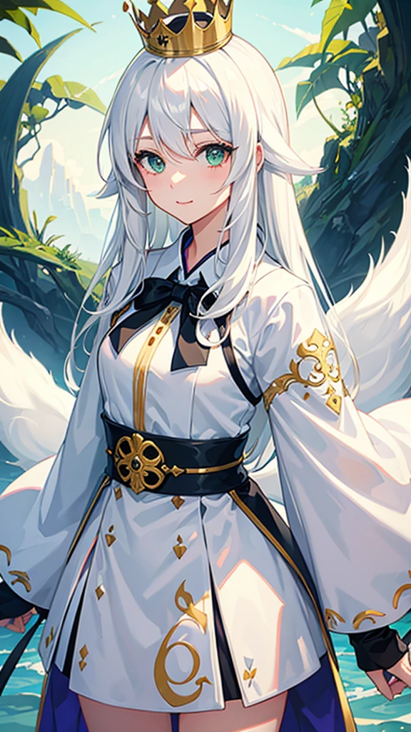 Girl,solo,white hair,kitsune,green eyes, happy,Crown on the head 