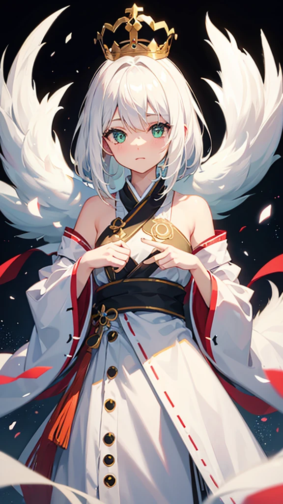 Girl,solo,white hair,kitsune,green eyes, happy,Crown on the head