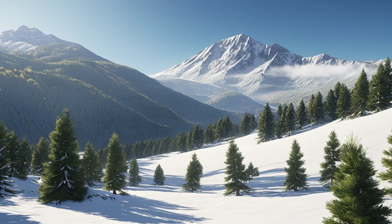 Mountain valley landscape, ((Pine trees at the foot of the mountain)), ((Snow on the top of the mountain)), Cinematic, 8k, detailed, Realistic, Octane Rendering, (((複雑なdetailed)), High resolution, ((複雑なdetailed, hyperdetailed)), photoRealistic, ultraRealistic, Realistic shadows, Realistic lighting