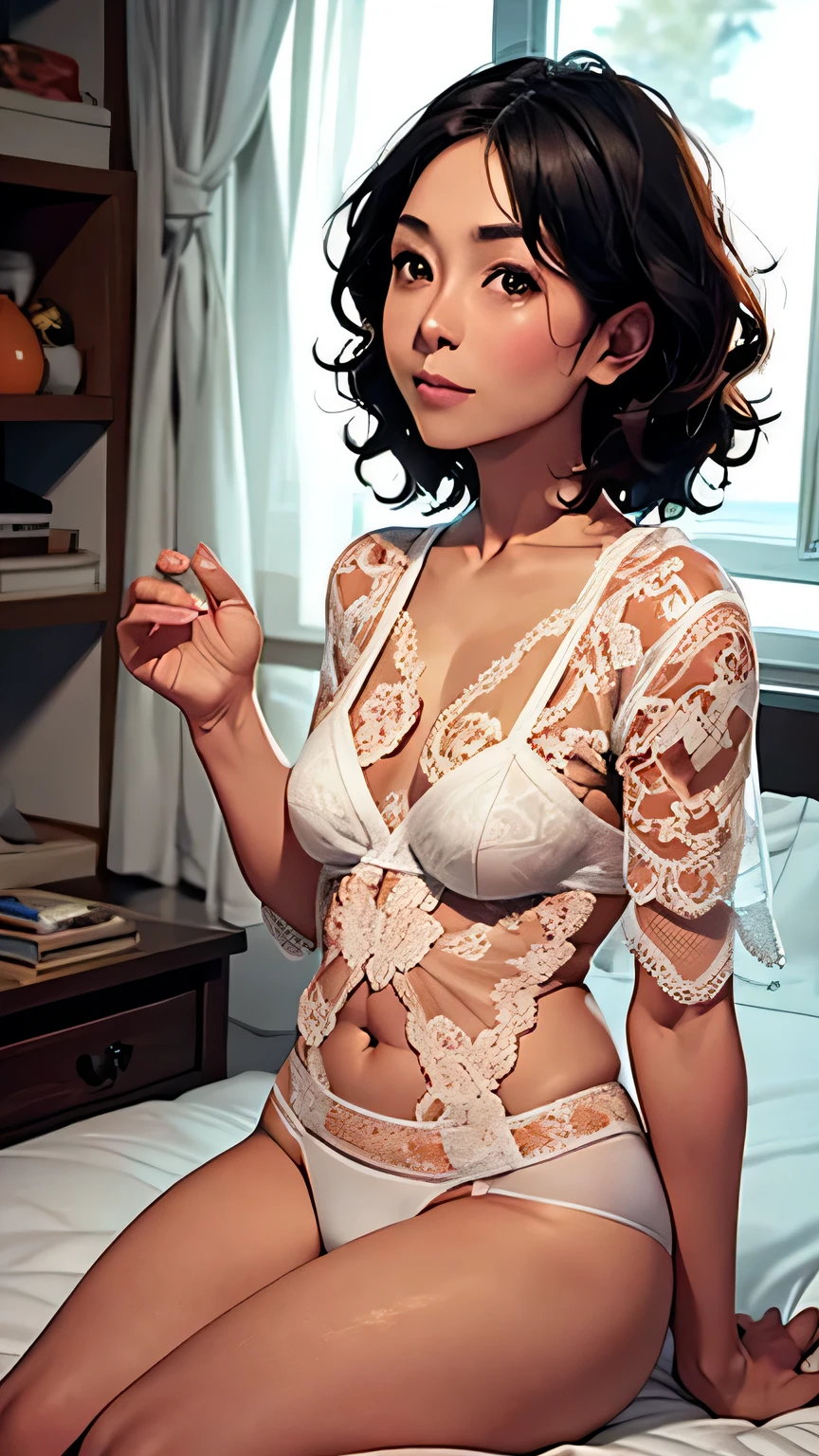 Highest quality、Realistic、woman、zoom、Orange eyes、Wavy short black hair、White Lingerie、thin、Small breasts、Dark Skin、Bedroom