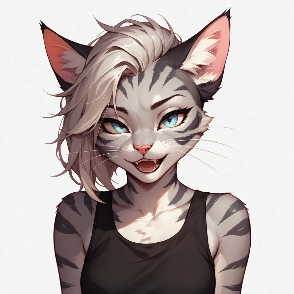check_9,check_8_up,check_7_up, check_6_up, check_5_up, source_cartoon, flat colors, no shading, cat, Anthro furry feline, silver fur, gray stripes on the body, Blue eyes, long light hair, undercut hair, pink nose, :3, wear a black tank top, exaggerated expression, upper body shot, sexy moaning with pleasure, Cat's Teeth, mouth open, (I look to the left):2, cowboy shot, upper body shot, bored, simple white background, side view