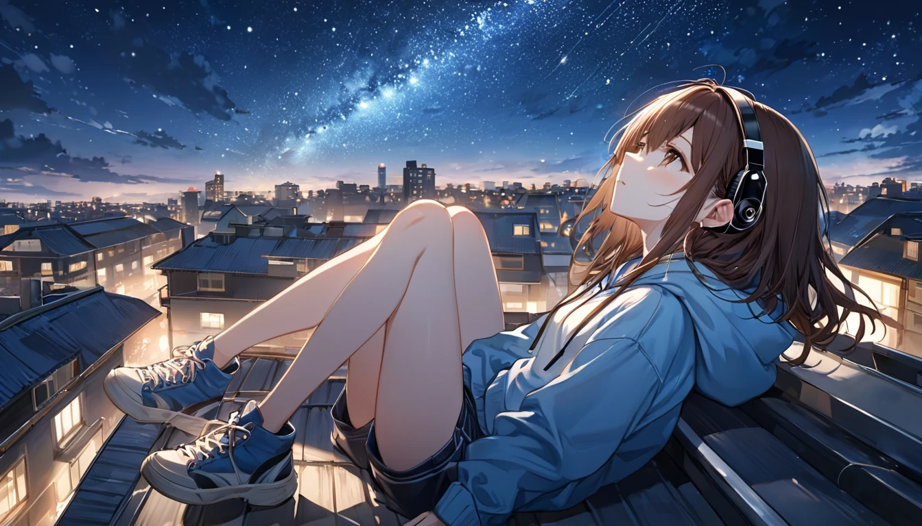 Brown-haired girl wearing headphones、Scene background of looking up at the starry sky on the rooftop of a building:Building rooftop and night sky:A calm and dreamy look:Casual hoodie and shorts pose:Lying on the roof、Scene looking up at the starry sky:Gazing at the stars on a quiet rooftop at night
(Detailed fingers), (Emotional), (Breathtakingly beautiful), (main part:1.2 Whole body), (Anime Style), (Very detailed), (超High resolution, High resolution), (8k), (Complex and beautiful: 1.2)