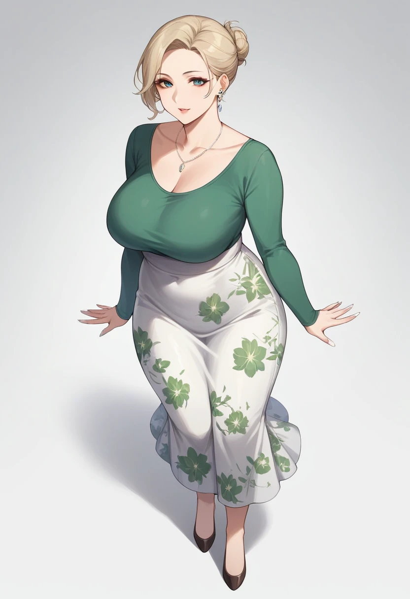 1girl, solo, (short hair hairstyle) large breasts, wide hips, thick thighs, 40 year old woman, blonde hair, barefoot, small feet, white nail polish, long fingernails,  full body shown, standing, tight long sleeve green blouse, above the knee black floral skirt, slightly long skirt, low rise skirt, ballerina flats shoes, dark brown footwear, milf, milf body, entire body shown, facing forward, earrings, small necklace