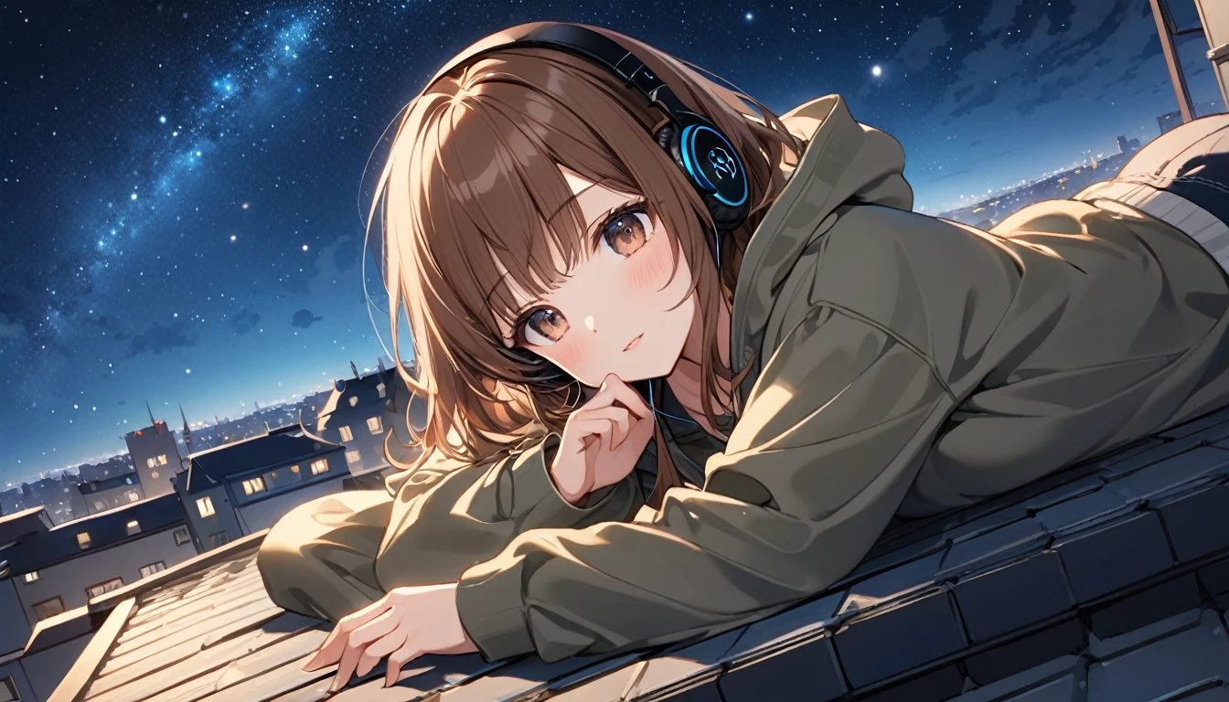Brown-haired girl wearing headphones、Scene background of looking up at the starry sky on the rooftop of a building：Building rooftop and night sky：A calm and dreamy look：Casual hoodie and shorts pose：Lying on the roof、Scene looking up at the starry sky：Gazing at the stars on a quiet rooftop at night
(Detailed fingers), (Emotional), (Breathtakingly beautiful), (main part:1.2 Whole body), (Anime Style), (Very detailed), (超High resolution, High resolution), (8k), (Complex and beautiful: 1.2)
