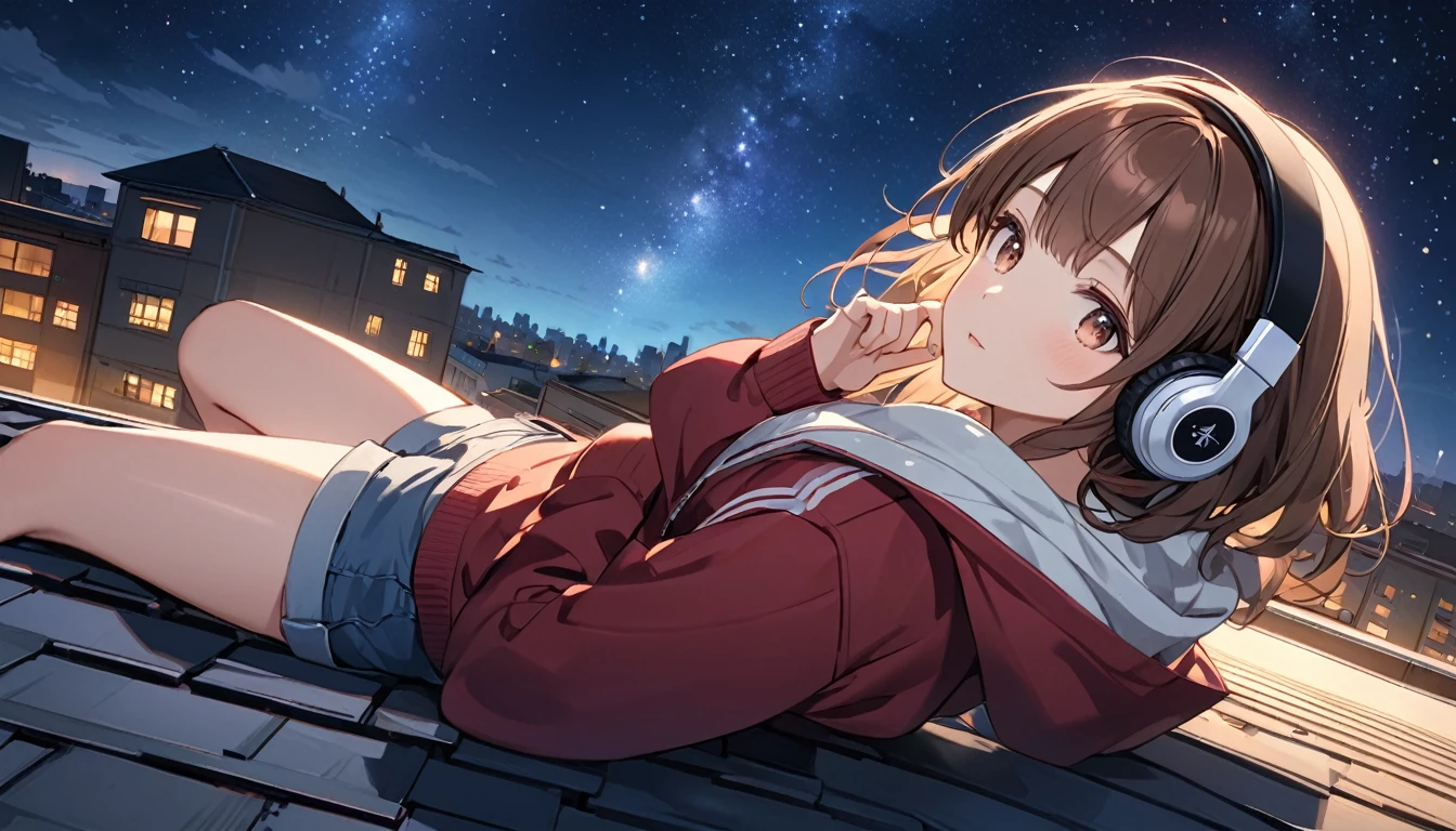 Brown-haired girl wearing headphones、Scene background of looking up at the starry sky on the rooftop of a building：Building rooftop and night sky：A calm and dreamy look：Casual hoodie and shorts pose：Lying on the roof、Scene looking up at the starry sky：Gazing at the stars on a quiet rooftop at night
(Detailed fingers), (Emotional), (Breathtakingly beautiful), (main part:1.2 Whole body), (Anime Style), (Very detailed), (超High resolution, High resolution), (8k), (Complex and beautiful: 1.2)
