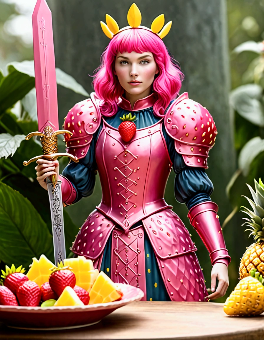 A Strawberry Knight (female, strawberry like face, strawberry themed and decorated plate mail (electric pink tint), strawberry decorated sword) standing at attention by the pineapple king, fruit salad city medieval themed