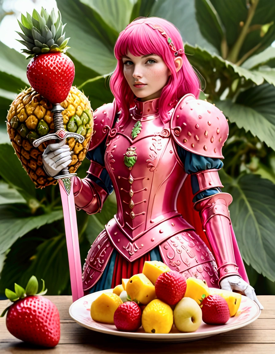 A Strawberry Knight (female, strawberry like face, strawberry themed and decorated plate mail (electric pink tint), strawberry decorated sword) standing at attention by the pineapple king, fruit salad city medieval themed