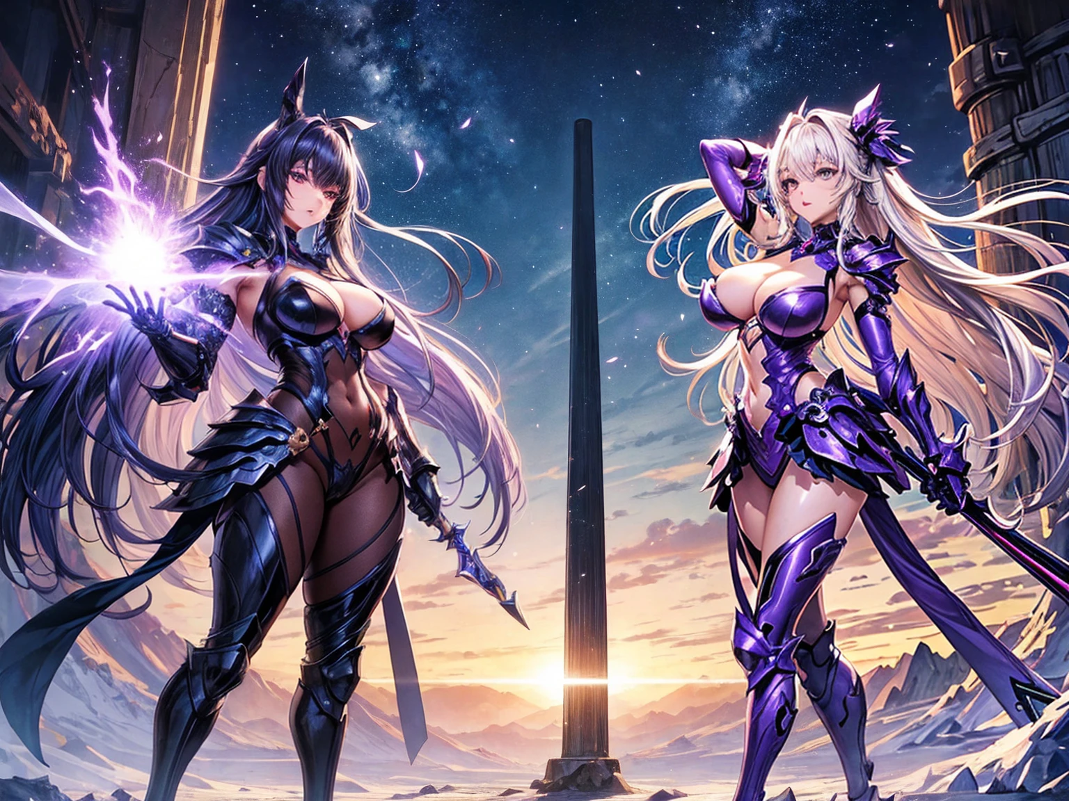 (((Highest quality)))(((Best Image)))(((anatomy)))外見は20代のwoman,Random hair color ,Random hairstyle,Wear shiny armor,Extreme costumes(((Appearance)))The shape is humanoid,Random Face(Beautiful Face),,Huge breasts,Tight waist,Wearing randomly colored armor(((Features)))Eye color is random,Personality is random,Attractive figure(((arms)))He is carrying a weapon that resembles a purple glowing object..Possess modern weapons.(((woman)))The skeleton is human-like,Huge breasts,Tight waist,fogのようなガス状のもので纏っている(((background)))Barren Land,dead tree,fog,Chaotic world(((Standing posture)))ランダムなStanding postureをしている,mysterious,lovely,Highest quality((Full Body Shot))