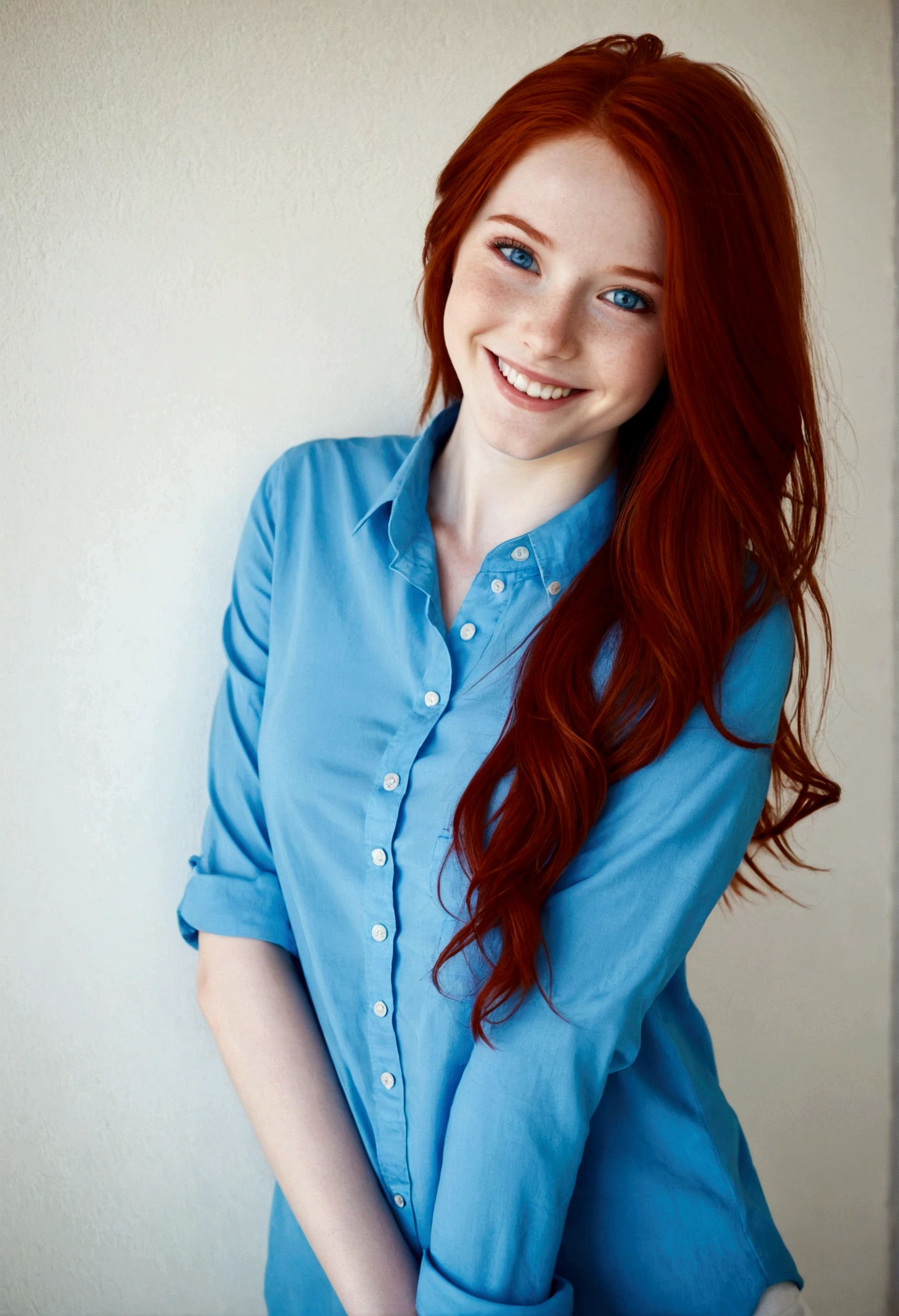 Cute girl, red hair, blue eyes, white skin, skinny, pretty smile, blue shirt, Long hair 
