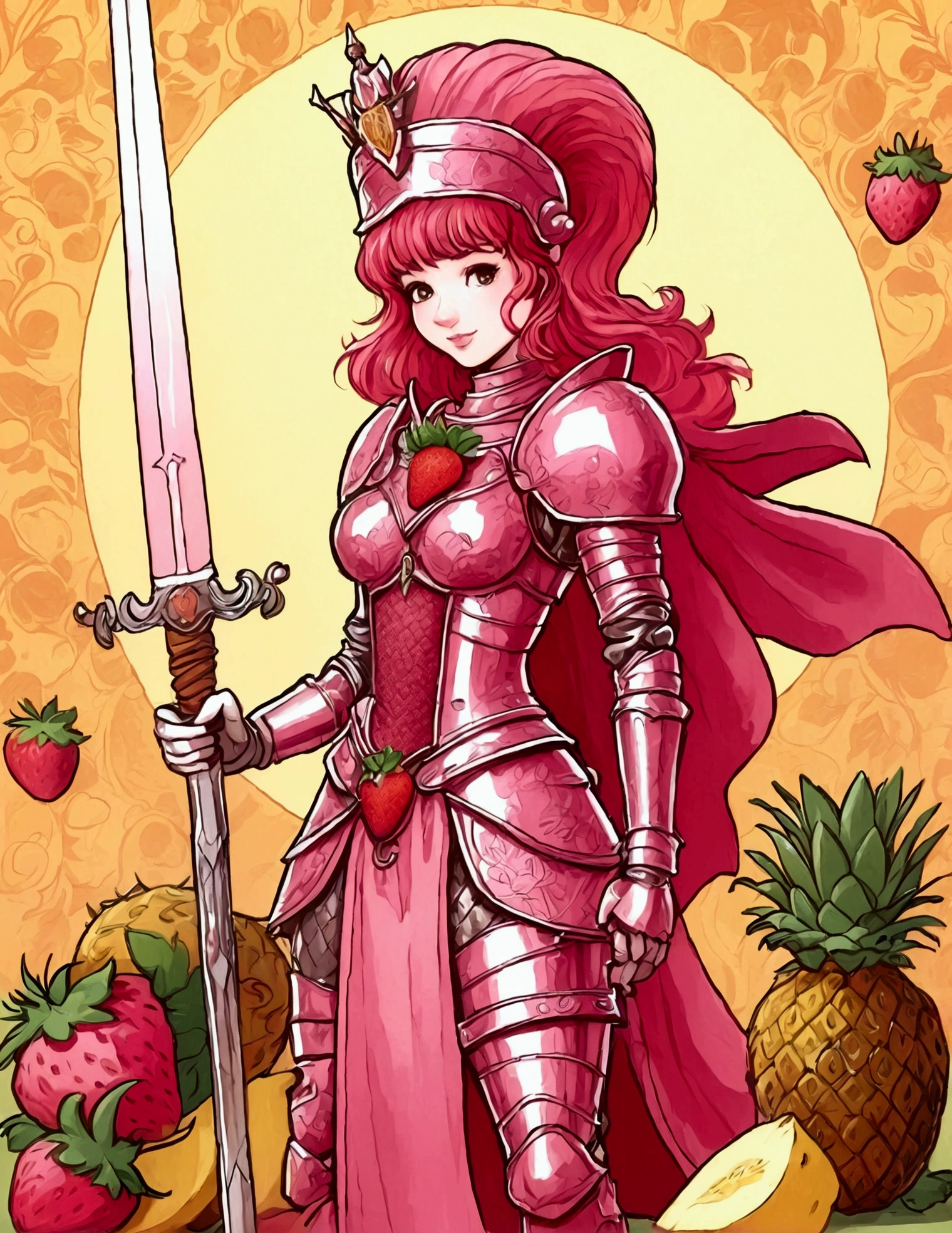 A Strawberry Knight (female, strawberry like face, strawberry themed and decorated plate mail (electric pink tint), strawberry decorated sword) standing at attention by the pineapple king, fruit salad city medieval themed
