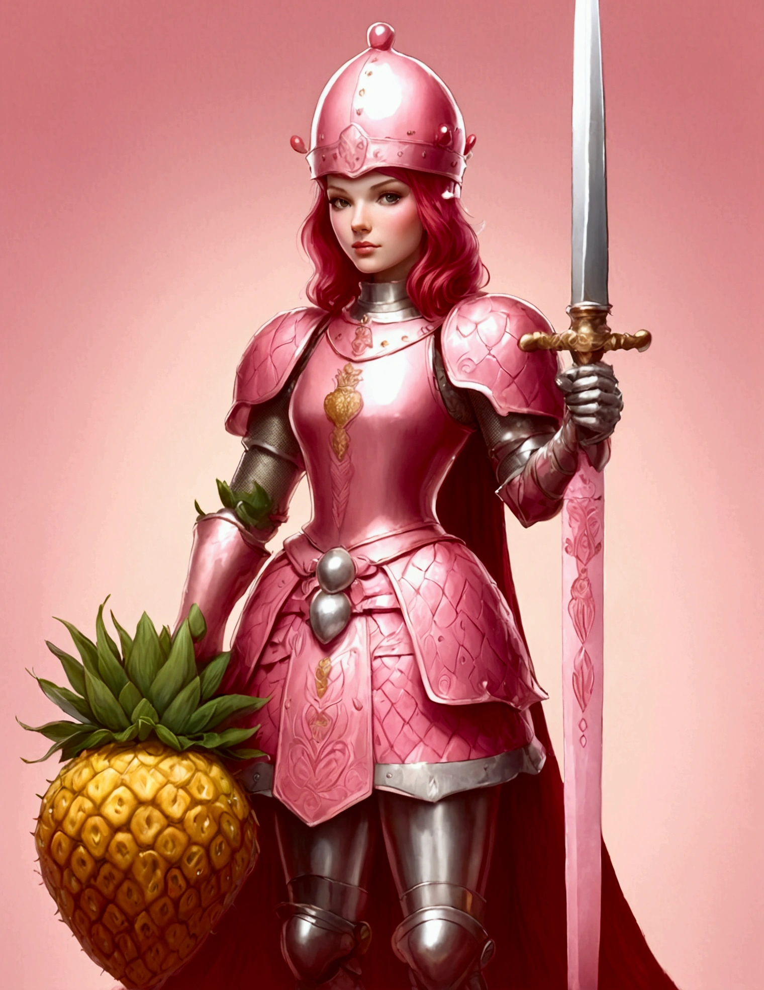 A Strawberry Knight (female, strawberry like face, strawberry themed and decorated plate mail (electric pink tint), strawberry decorated sword) standing at attention by the pineapple king, fruit salad city medieval themed