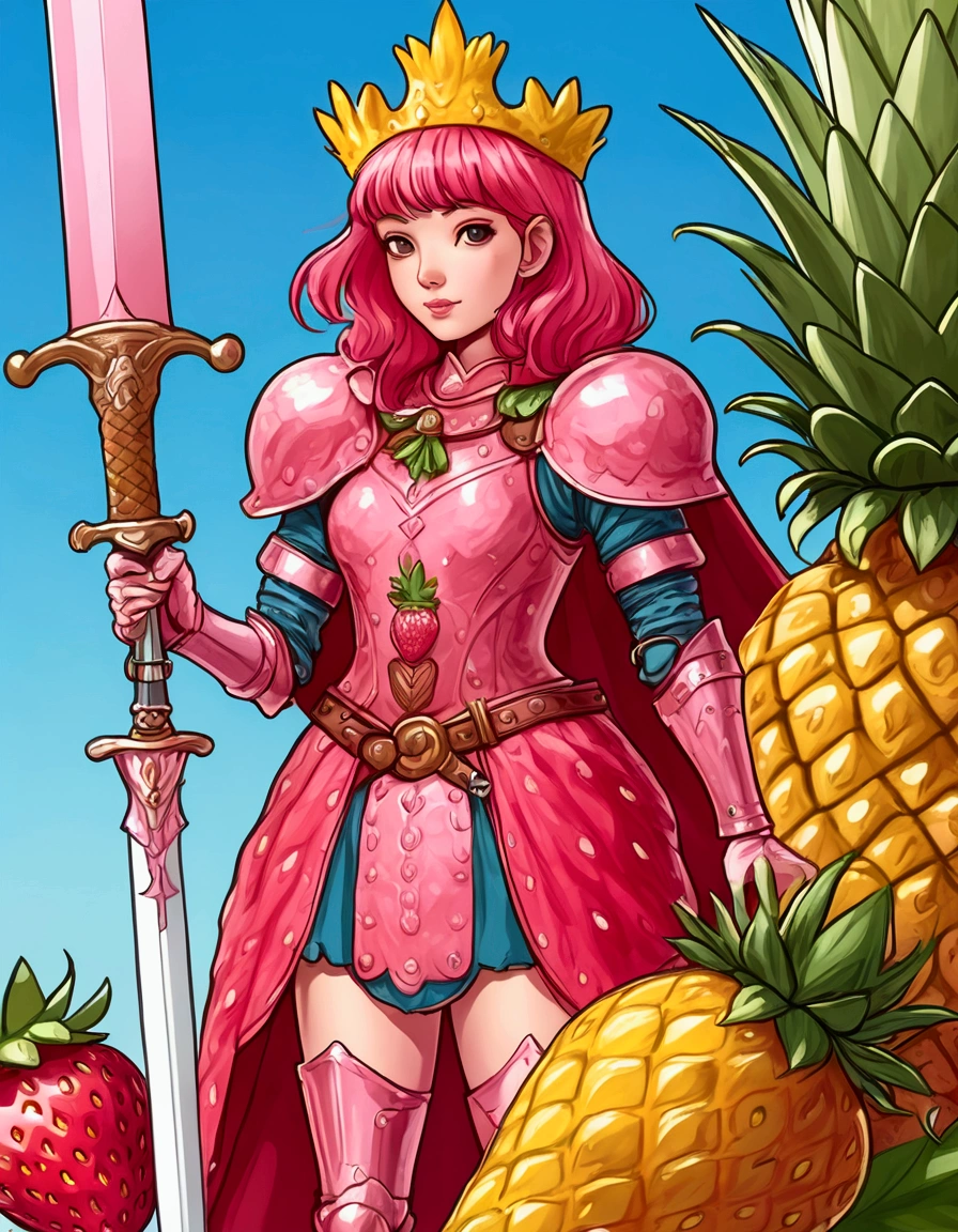 A Strawberry Knight (female, strawberry like face, strawberry themed and decorated plate mail (electric pink tint), strawberry decorated sword) standing at attention by the pineapple king, fruit salad city medieval themed
