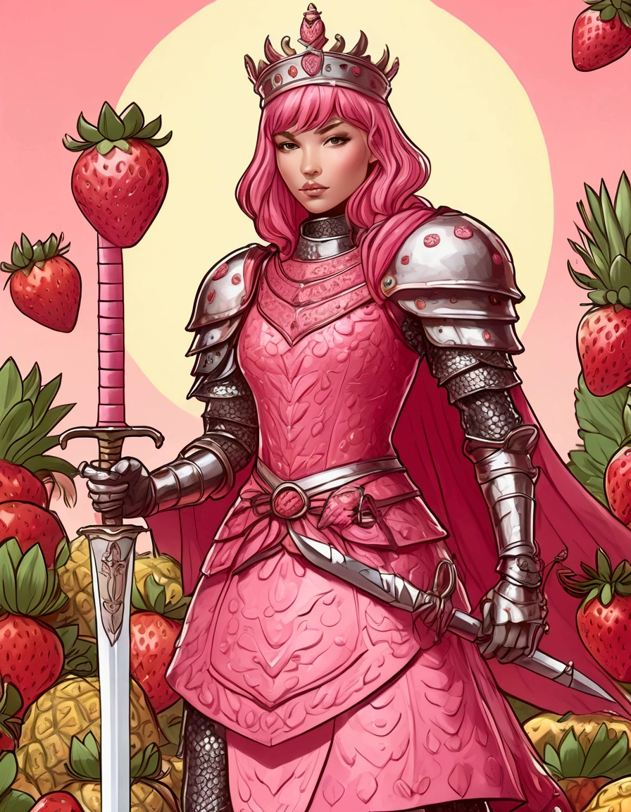 A Strawberry Knight (female, strawberry like face, strawberry themed and decorated plate mail (electric pink tint), strawberry decorated sword) standing at attention by the pineapple king, fruit salad city medieval themed