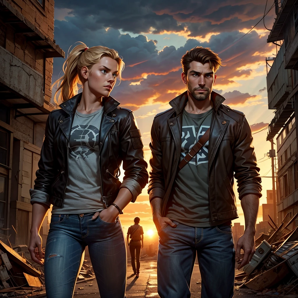 A 30-year-old man, tall and athletic, with short dark brown hair and gray eyes, wears a worn dark leather jacket, a gray shirt, and tactical pants. He stands protectively with an arm around a 14-year-old girl of slender build, with long blonde hair tied in a ponytail and large blue eyes, wearing a simple outfit of a light jacket and worn jeans. The man looks protective and determined, while the girl leans into him, showing trust and gratitude. Set in a post-apocalyptic environment with ruined buildings and small plants growing among the debris. The sky is cloudy, with sun rays breaking through, softly illuminating the scene. The atmosphere conveys protection and care, with a backpack on the ground suggesting their shared struggle. Realistic art style, with warm, earthy colors emphasizing the emotional connection. Soft, warm lighting highlights the intimate moment, with shadows adding depth to the bond between them.