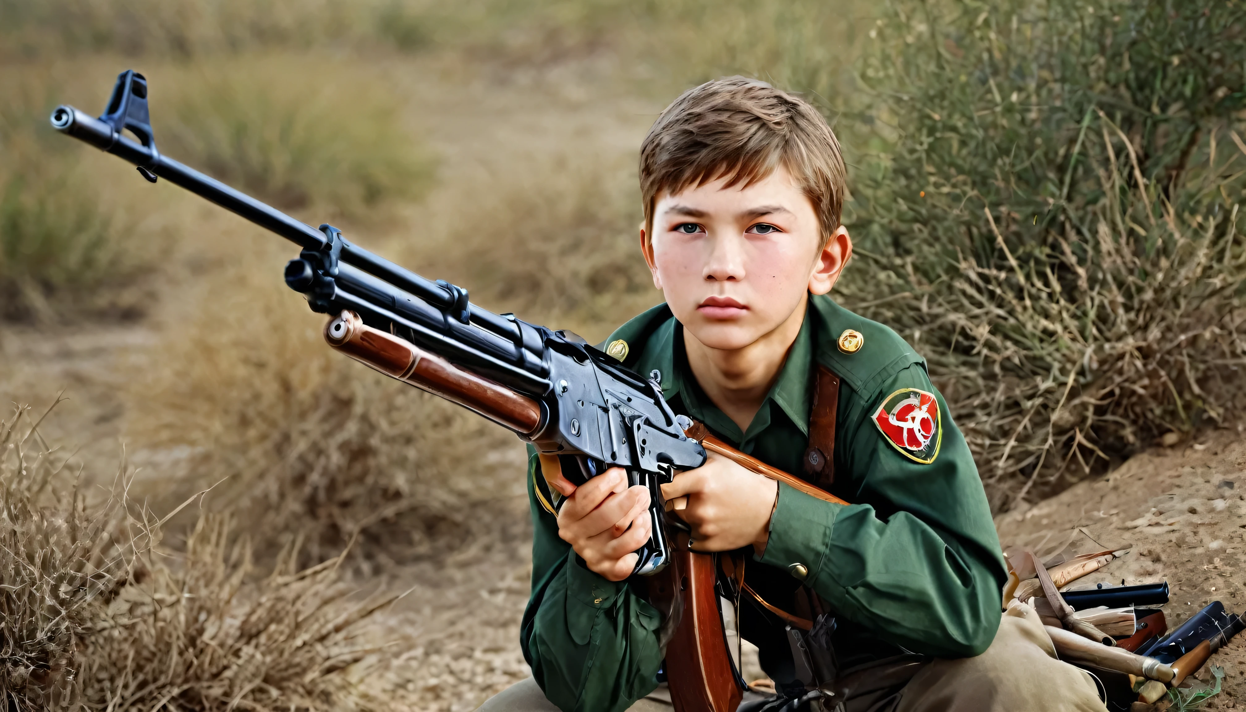 masterpiece, Highest quality, One boy, Cowboy Shot, Delicate eyes, uniform, and 47, AKM, Kalashnikov_rifle, assault_rifle, Holding_gun
