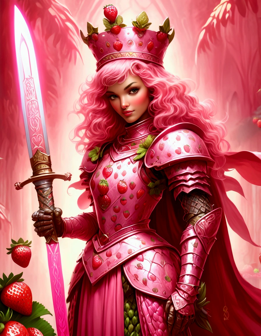 A Strawberry Knight (female, strawberry like face, strawberry themed and decorated plate mail (electric pink tint), strawberry decorated sword) standing at attention by the pineapple king, fruit salad city medieval themed