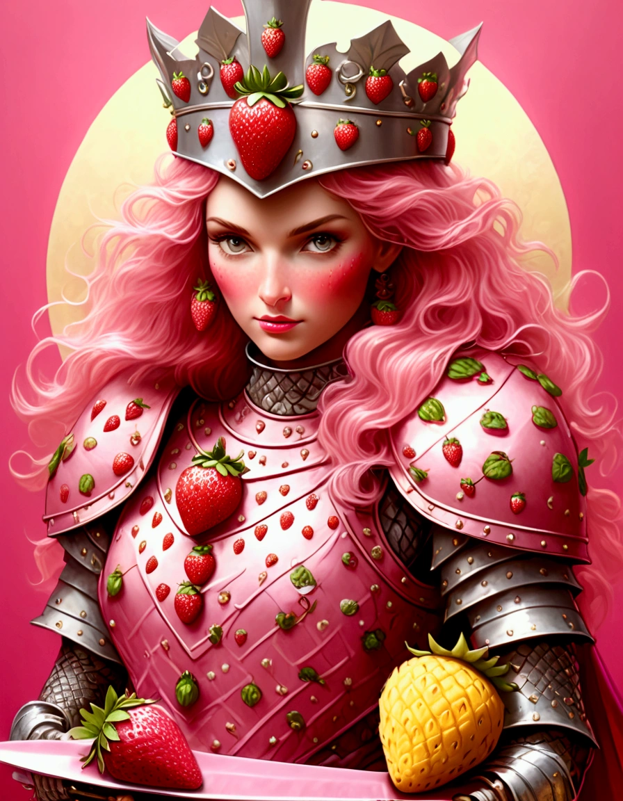 A Strawberry Knight (female, strawberry like face, strawberry themed and decorated plate mail (electric pink tint), strawberry decorated sword) standing at attention by the pineapple king, fruit salad city medieval themed
